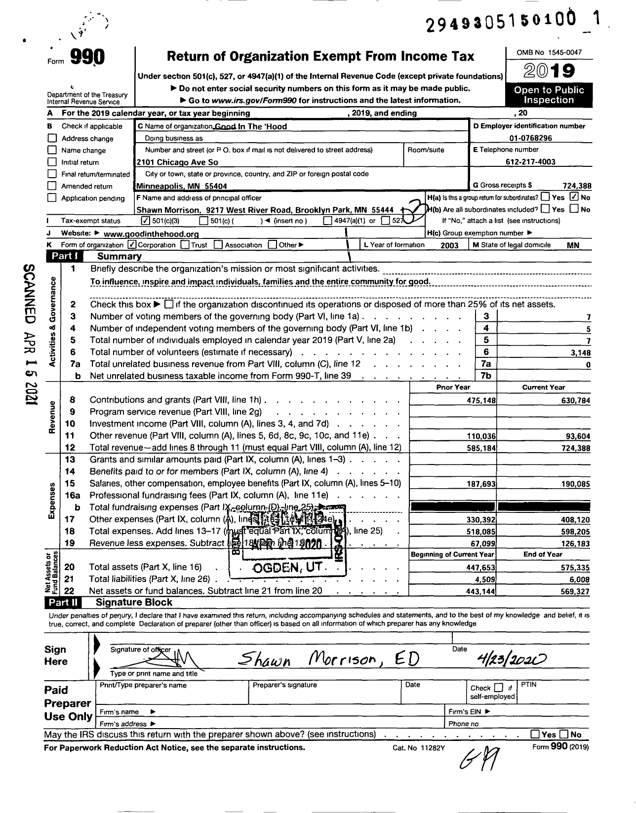 Image of first page of 2019 Form 990 for Good in the 'hood