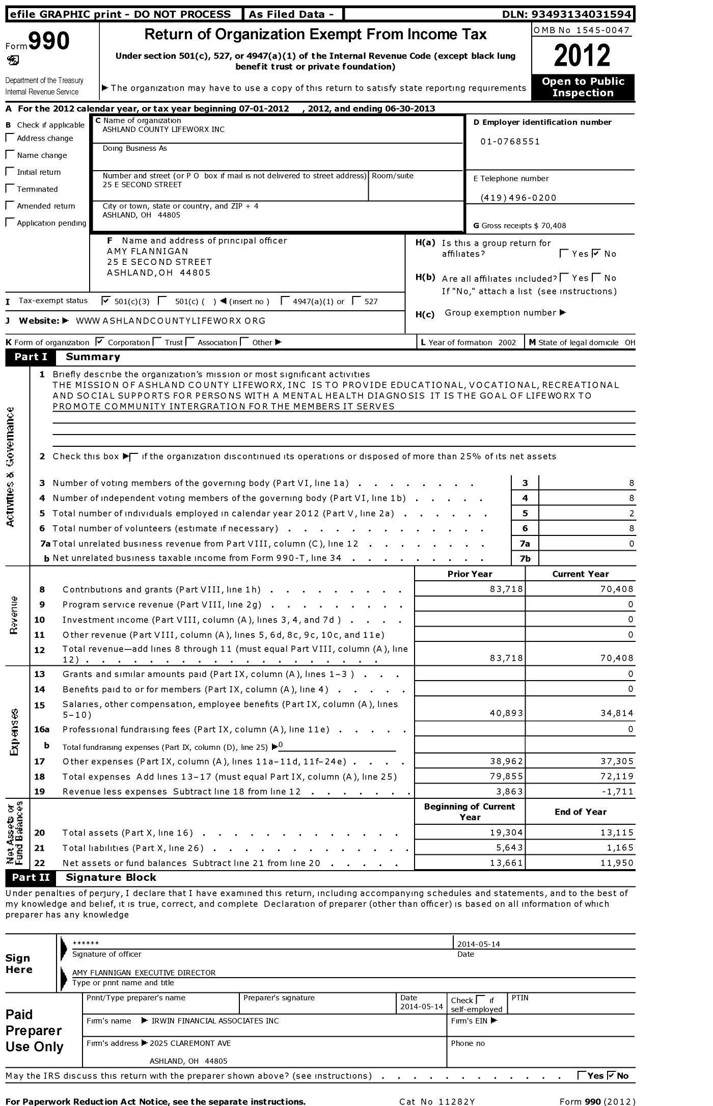 Image of first page of 2012 Form 990 for Ashland County Lifeworx