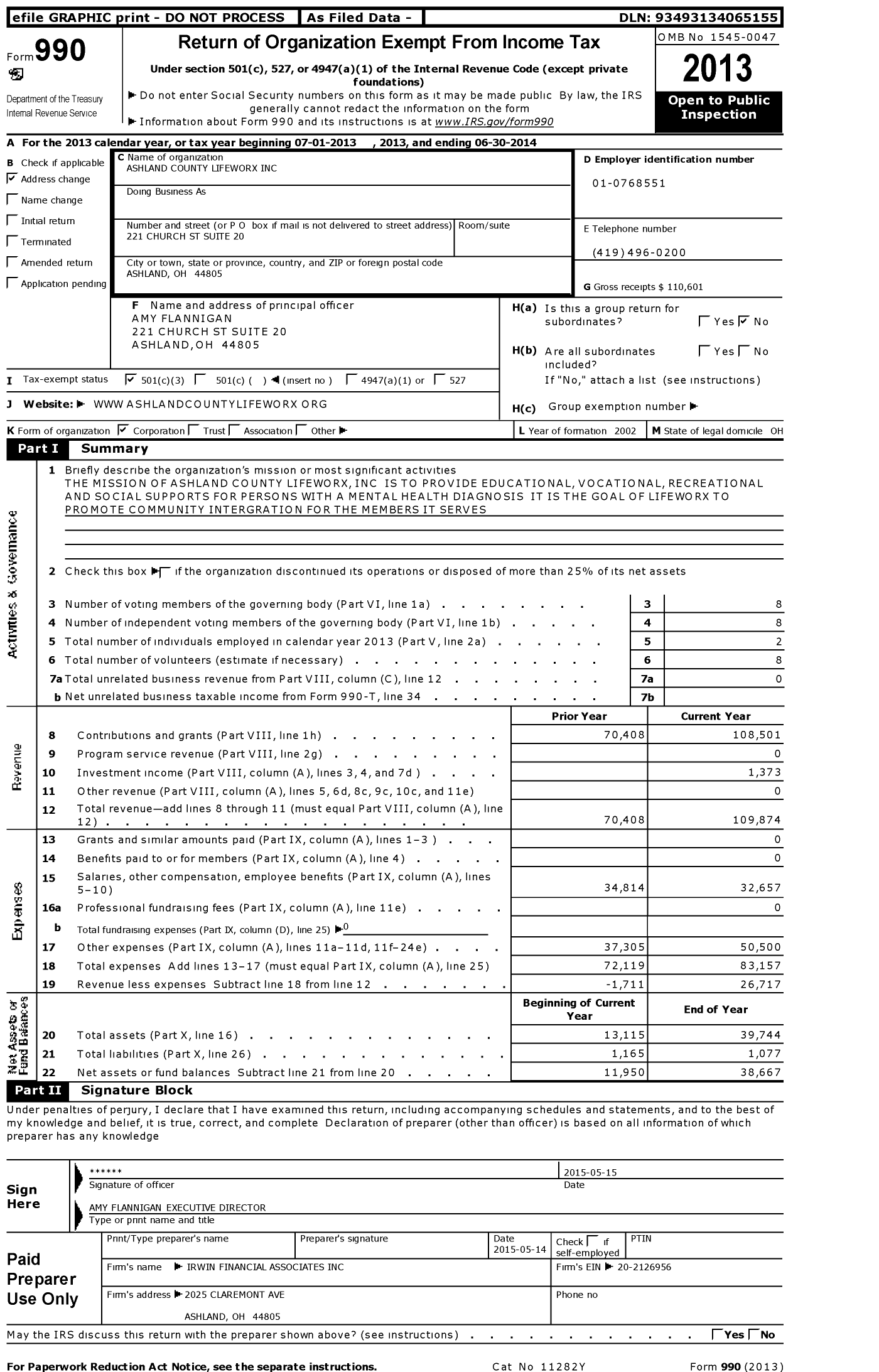 Image of first page of 2013 Form 990 for Ashland County Lifeworx