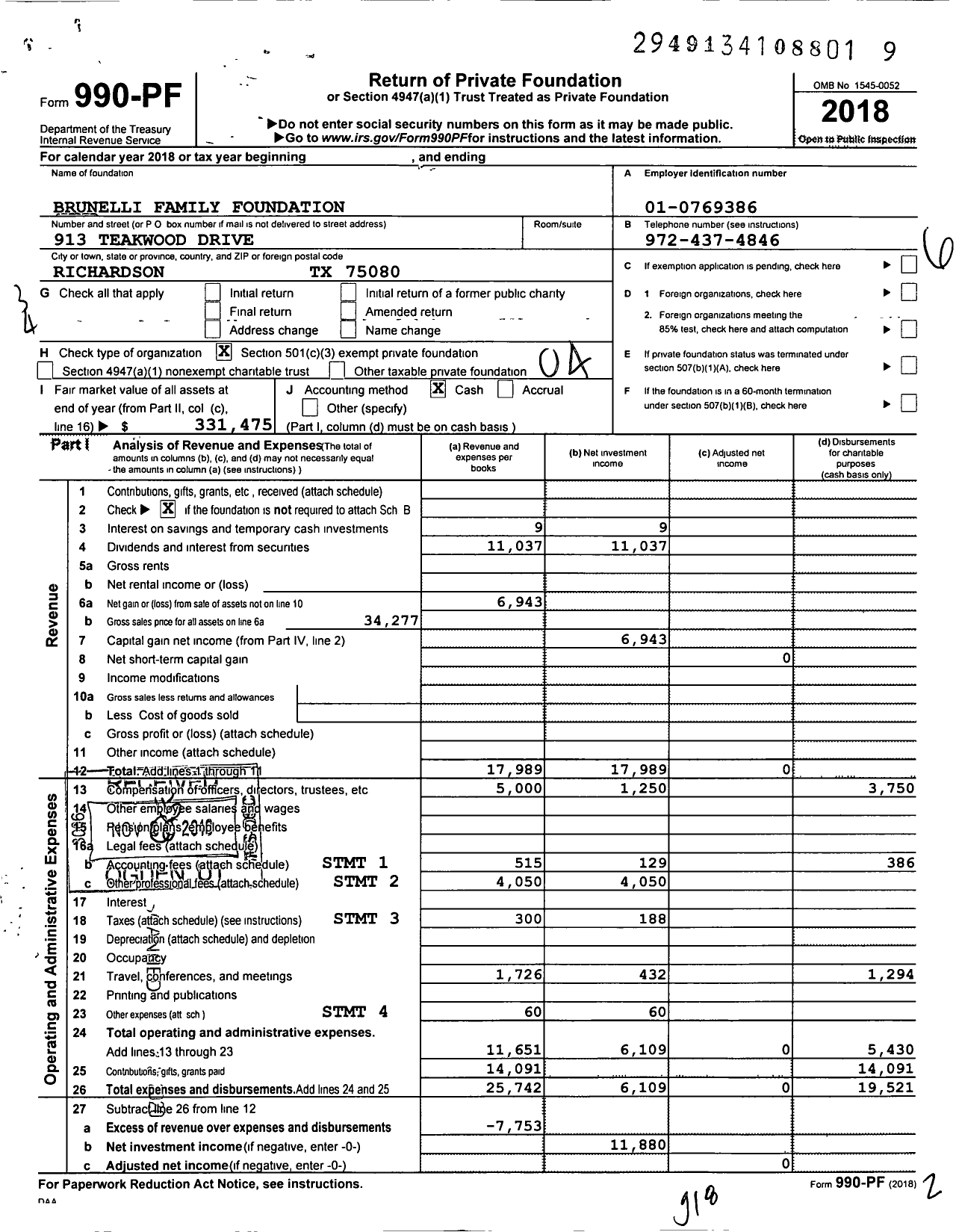 Image of first page of 2018 Form 990PF for Brunelli Family Foundation