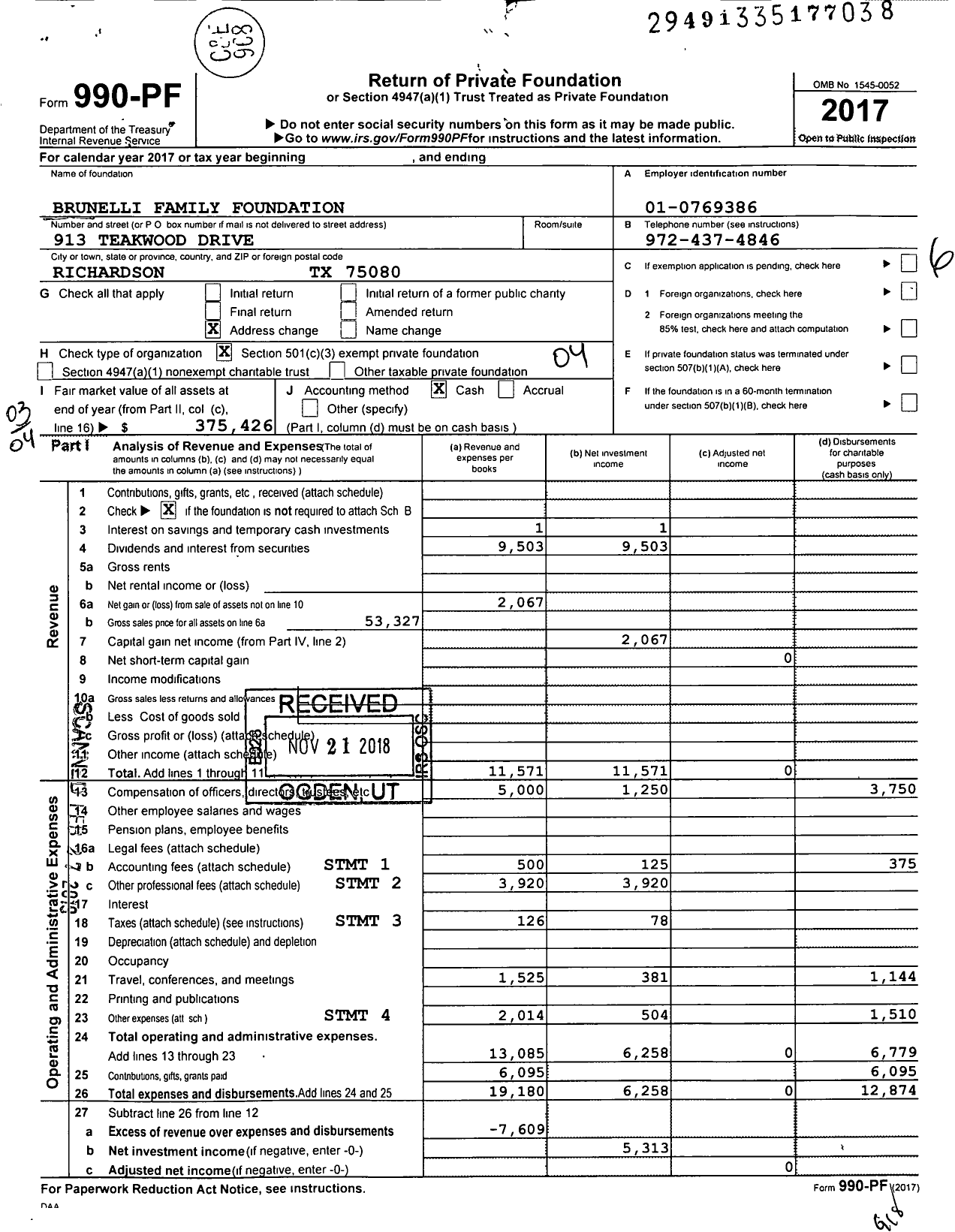 Image of first page of 2017 Form 990PF for Brunelli Family Foundation