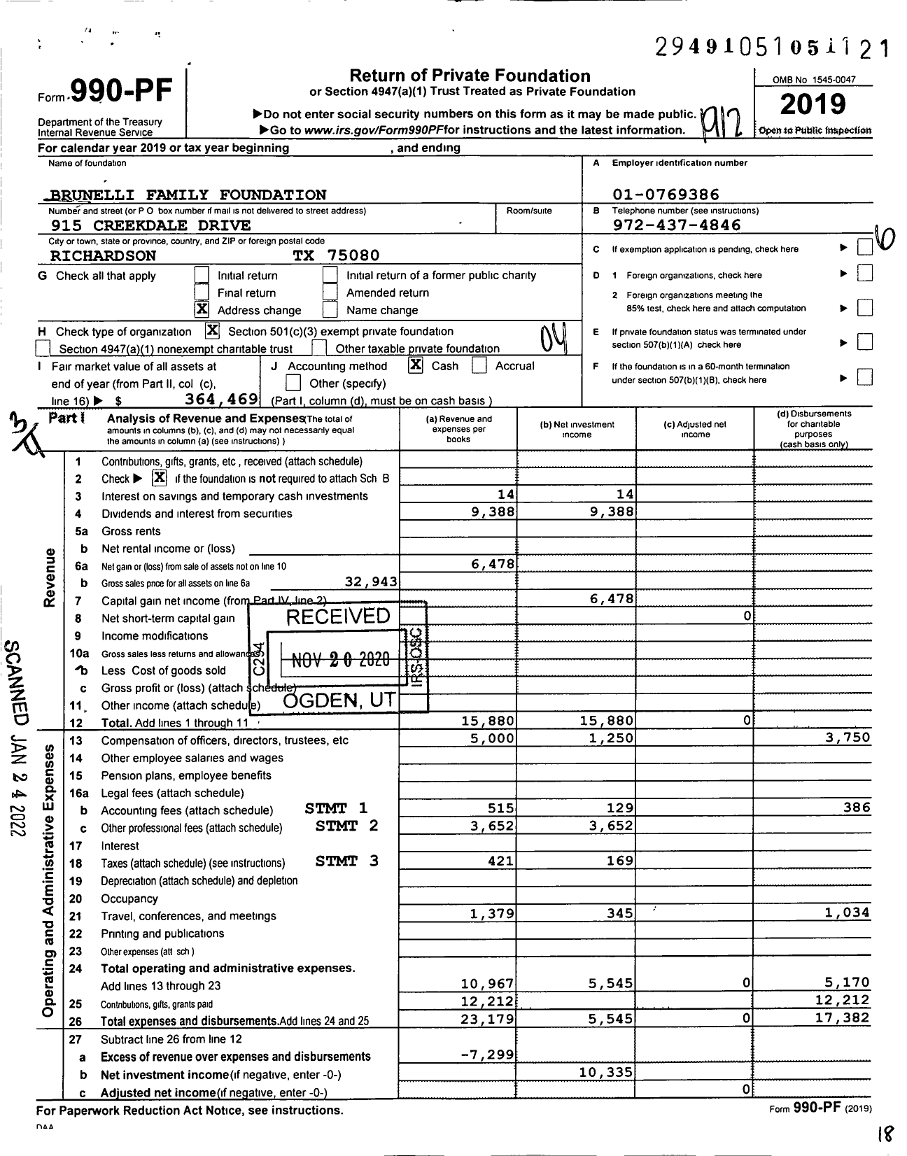 Image of first page of 2019 Form 990PF for Brunelli Family Foundation