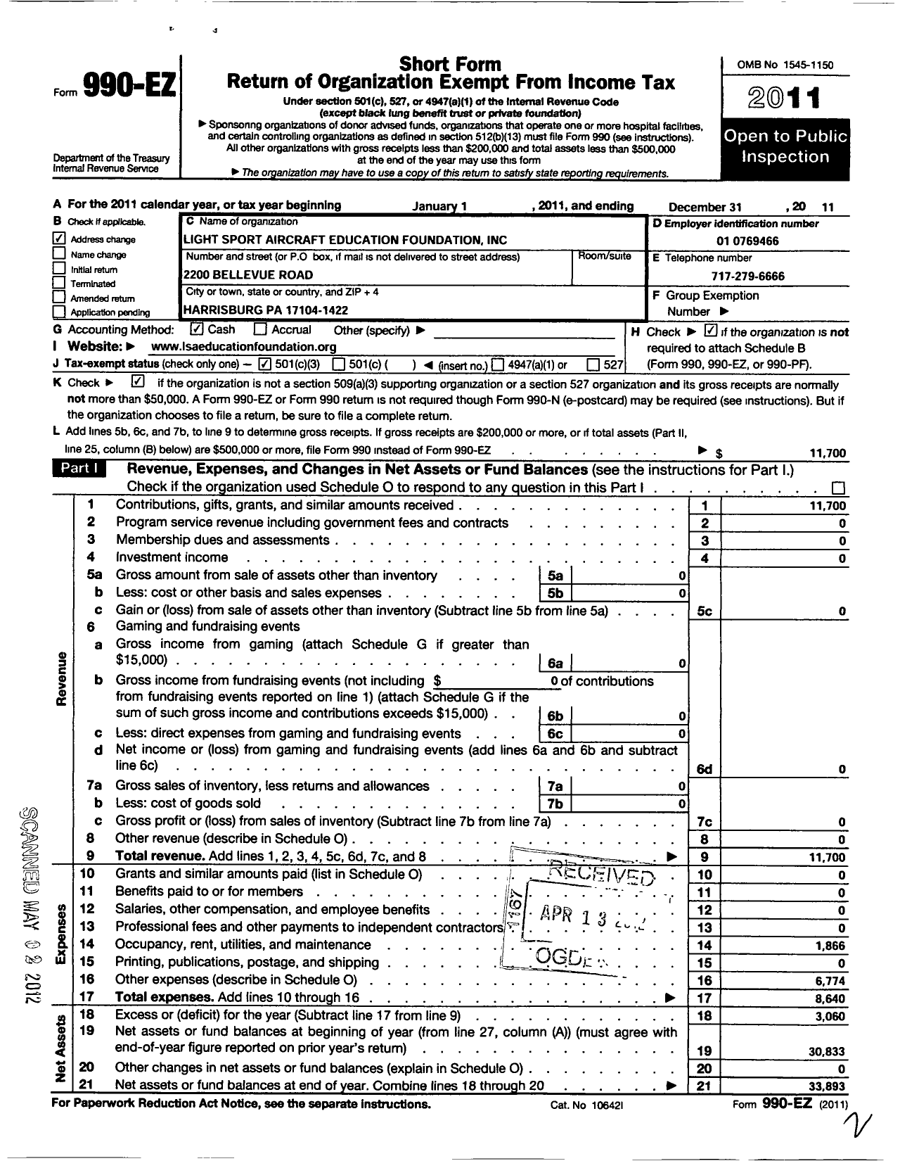 Image of first page of 2011 Form 990EZ for Emergency Low Level Aerial Search and Surveillance