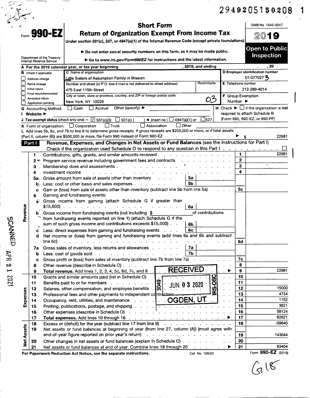 Image of first page of 2019 Form 990EZ for Little Sisters of Assumption Family in Mission