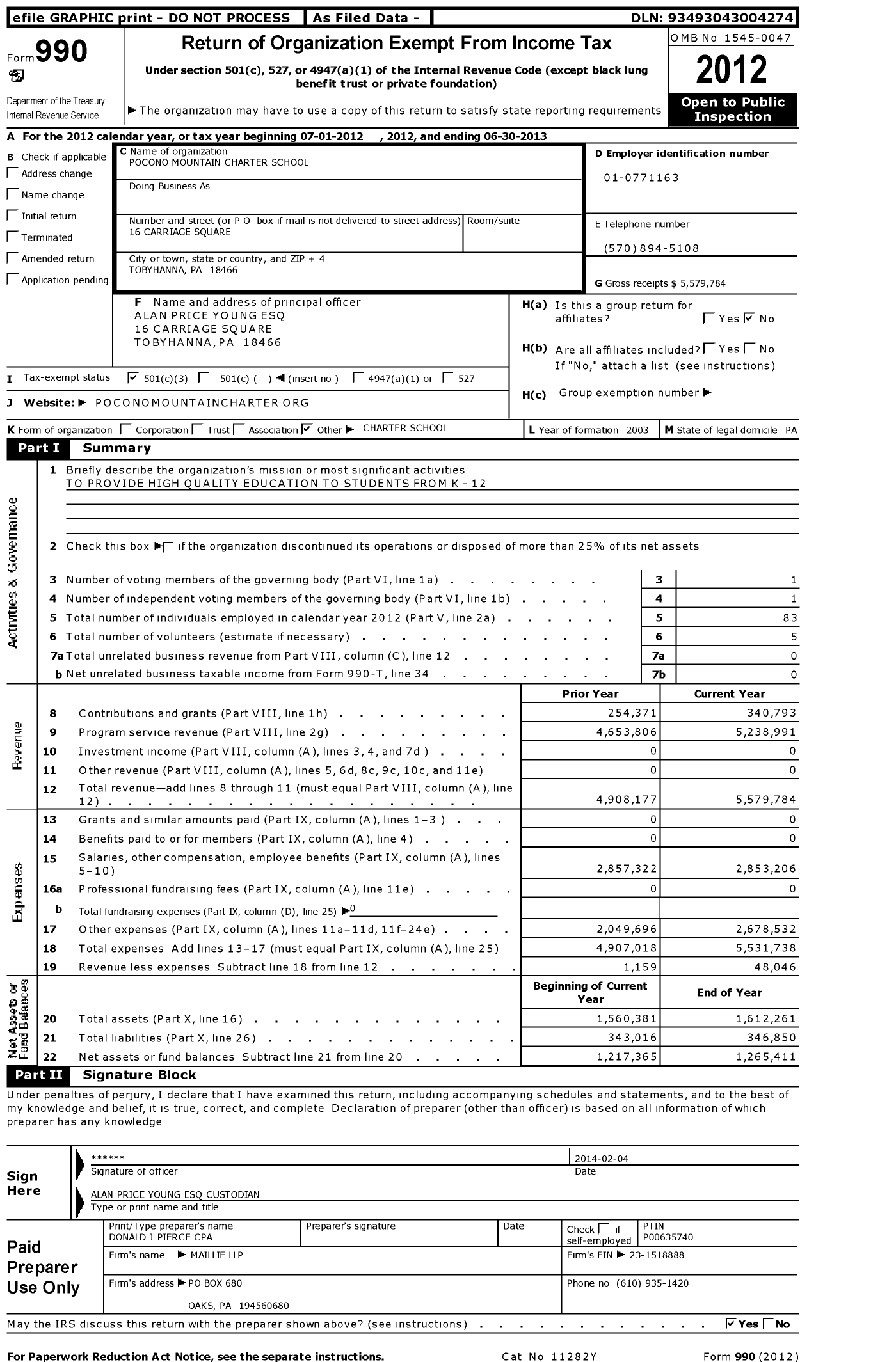 Image of first page of 2012 Form 990 for Pocono Mountain Charter School