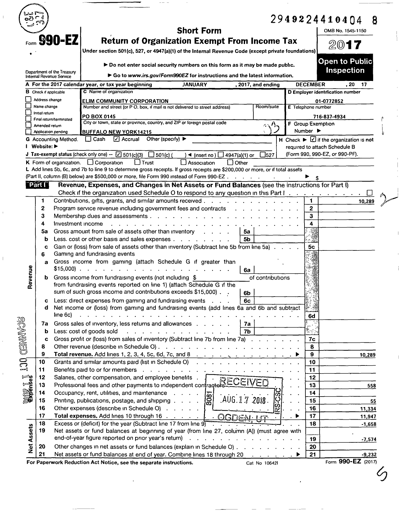 Image of first page of 2017 Form 990EZ for Elim Community Corporation