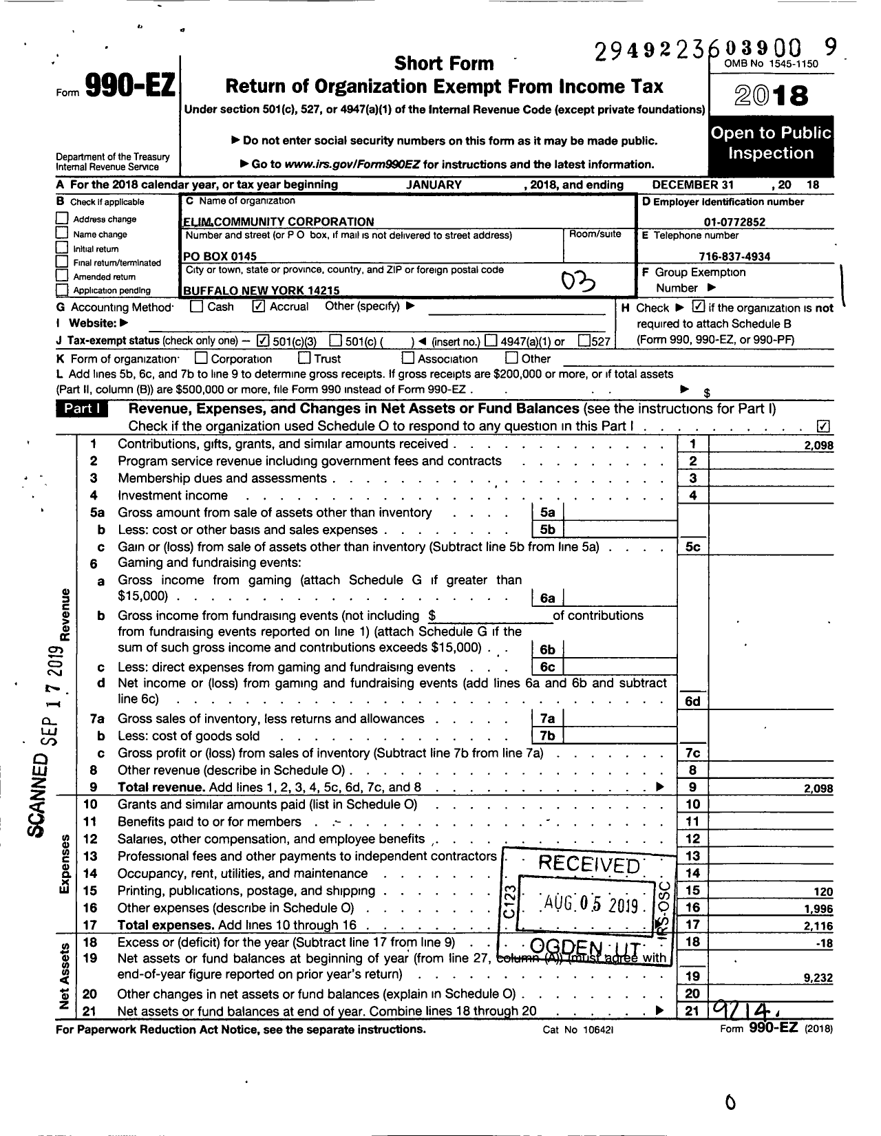 Image of first page of 2018 Form 990EZ for Elim Community Corporation