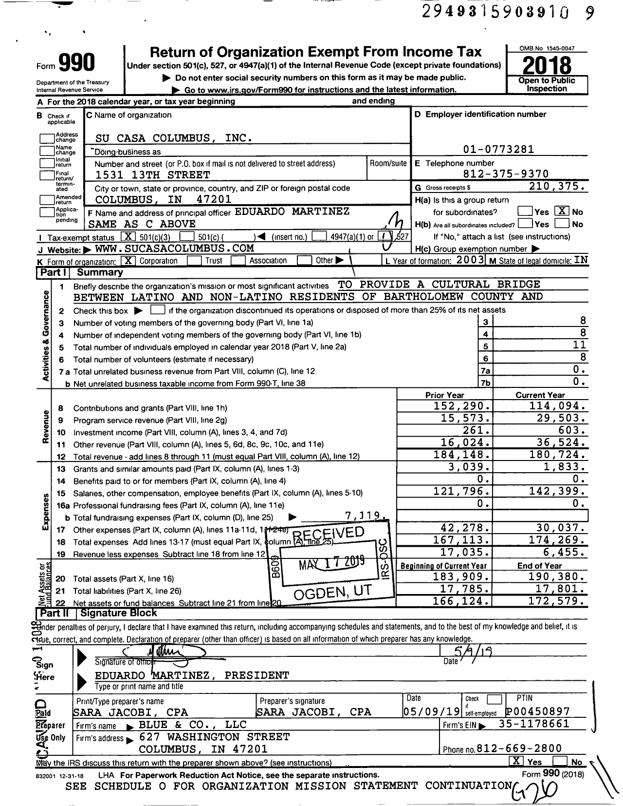 Image of first page of 2018 Form 990 for Su Casa Columbus