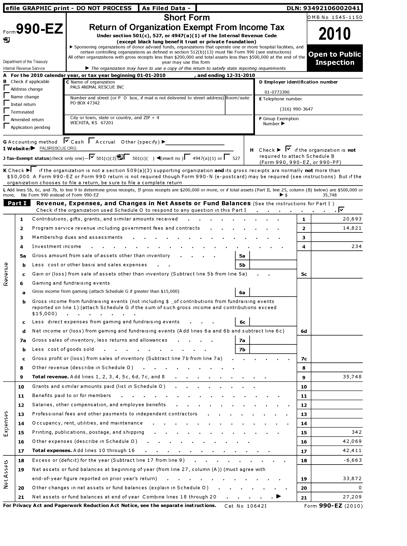 Image of first page of 2010 Form 990EZ for Pals Animal Rescue