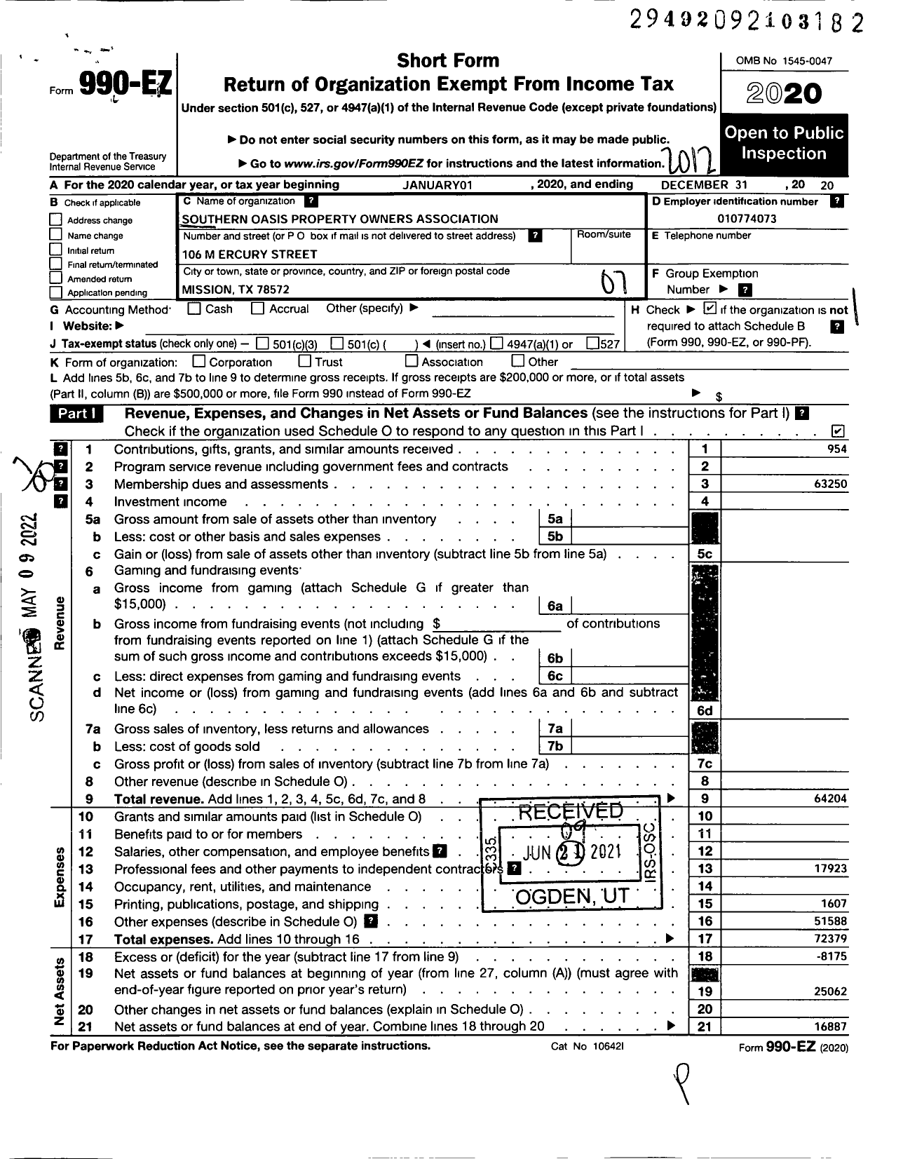 Image of first page of 2020 Form 990EO for Southern Oasis Property Owners Association