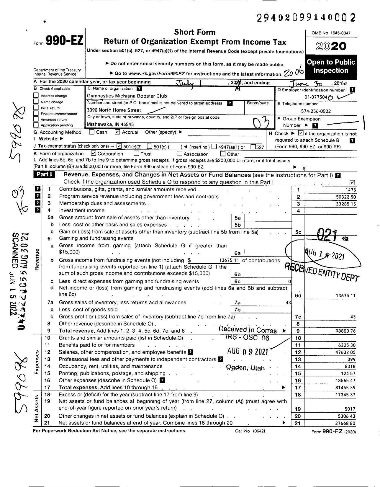 Image of first page of 2019 Form 990EZ for Gymnastics Michiana Booster Club