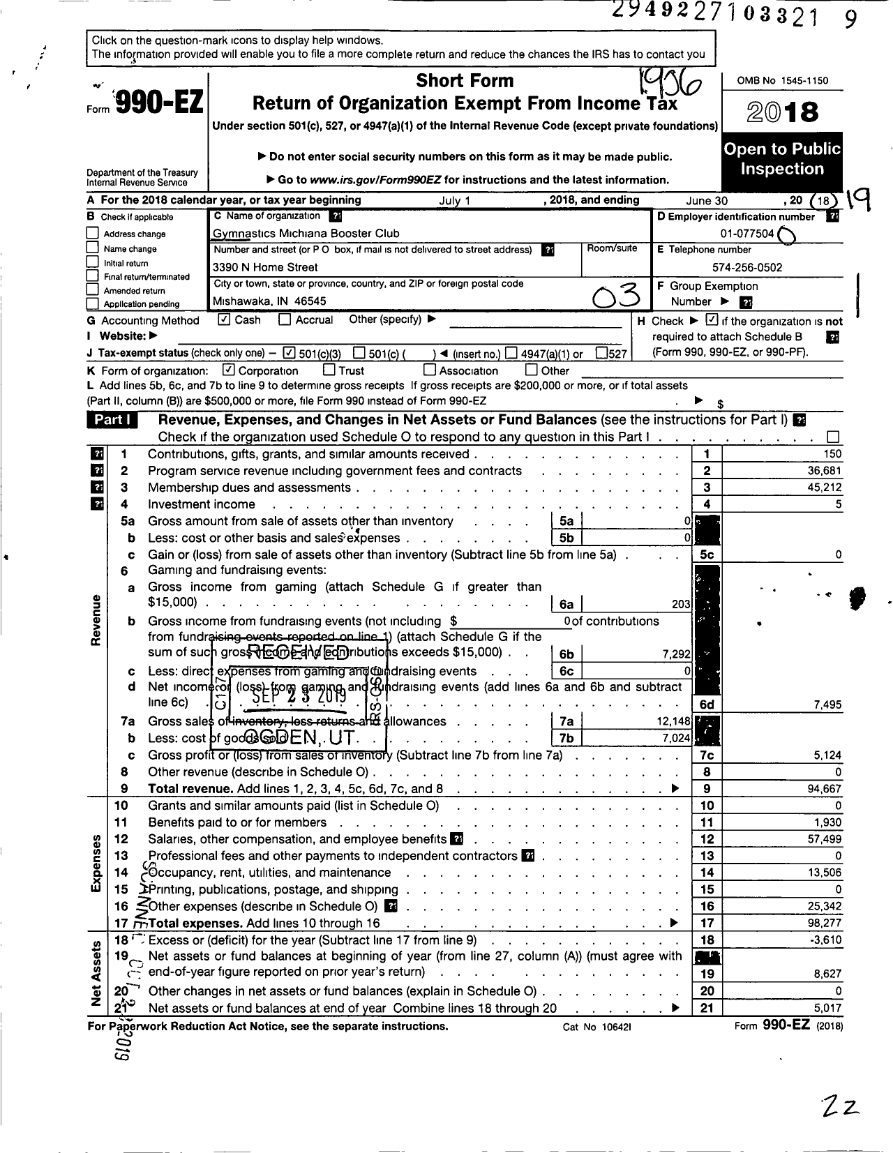 Image of first page of 2018 Form 990EZ for Gymnastics Michiana Booster Club