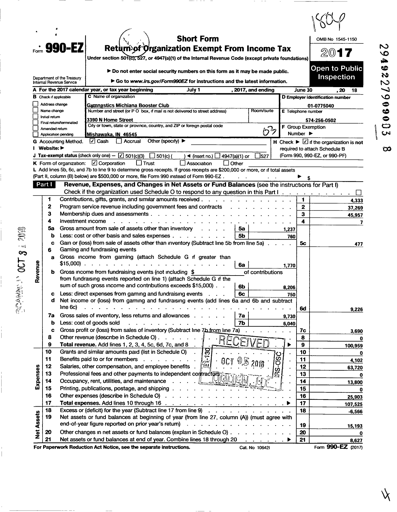 Image of first page of 2017 Form 990EZ for Gymnastics Michiana Booster Club