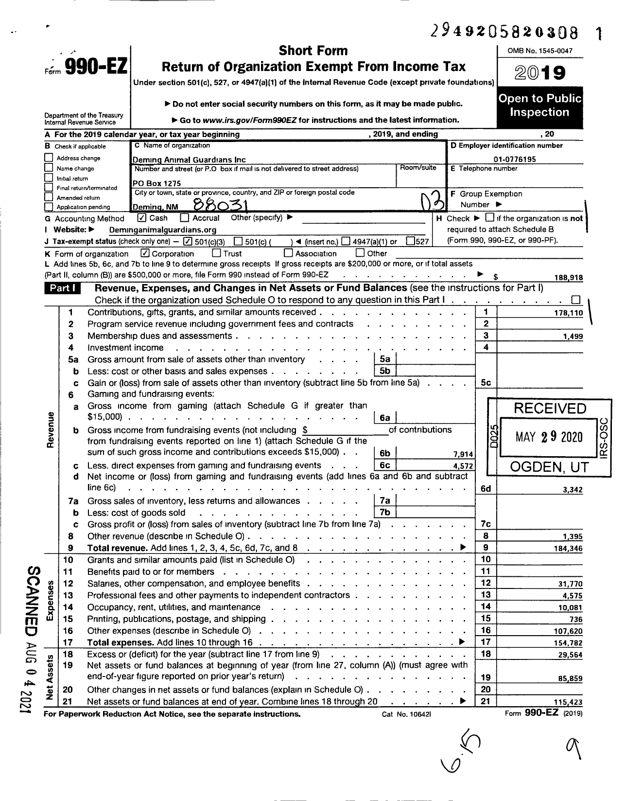 Image of first page of 2019 Form 990EZ for Deming Animal Guardians