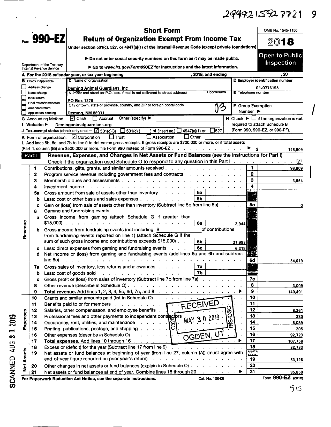 Image of first page of 2018 Form 990EZ for Deming Animal Guardians