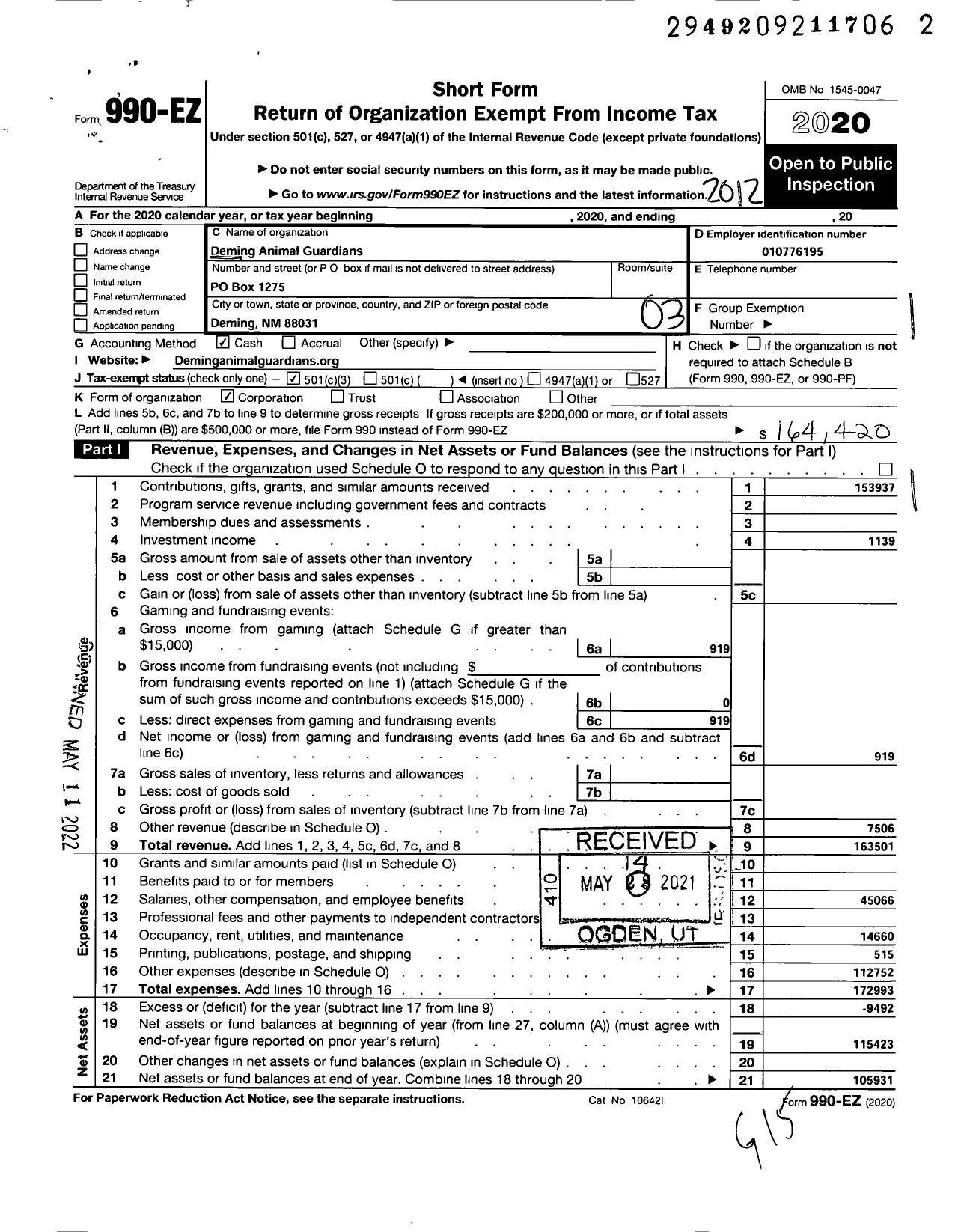 Image of first page of 2020 Form 990EZ for Deming Animal Guardians