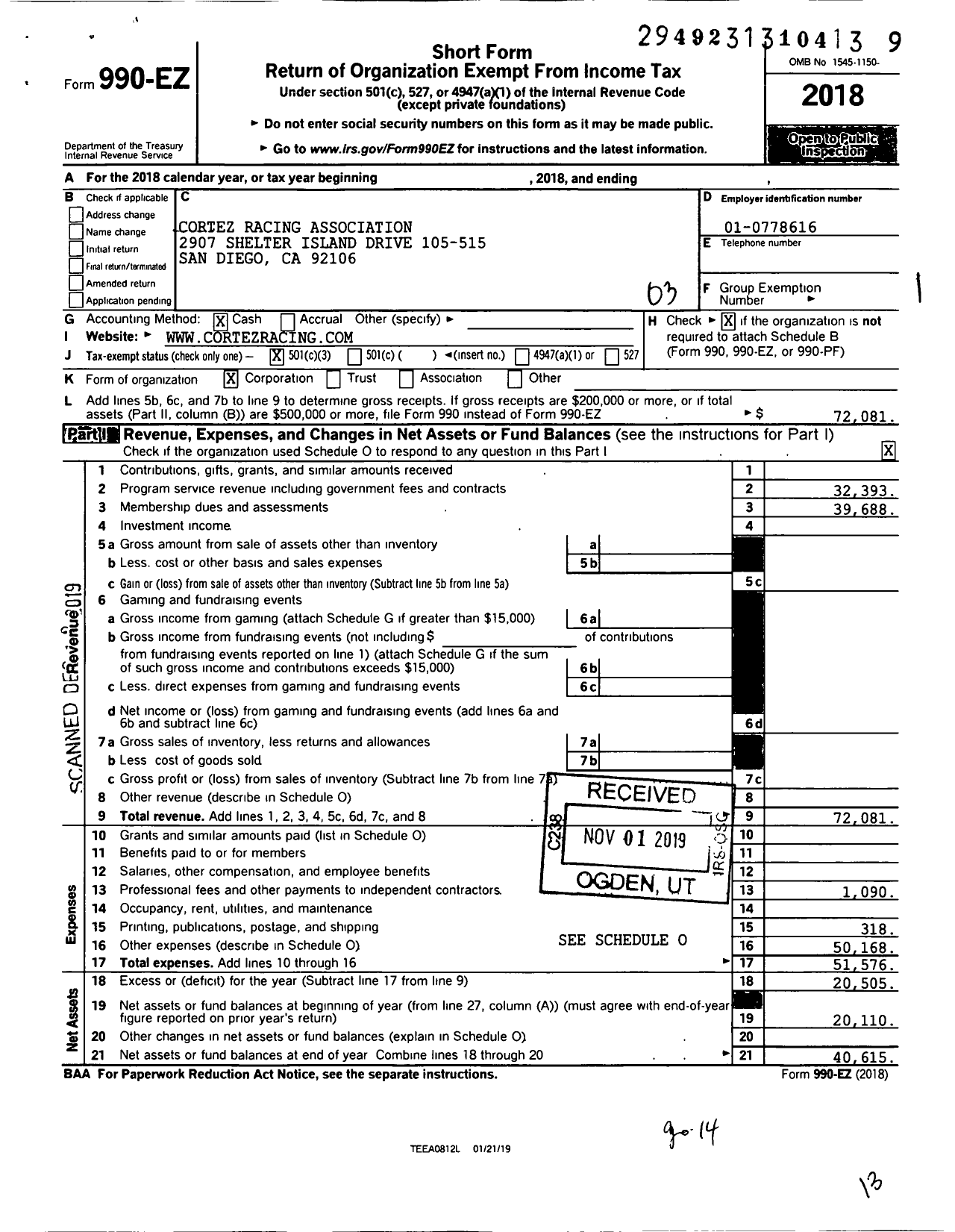 Image of first page of 2018 Form 990EZ for Cortez Racing Association