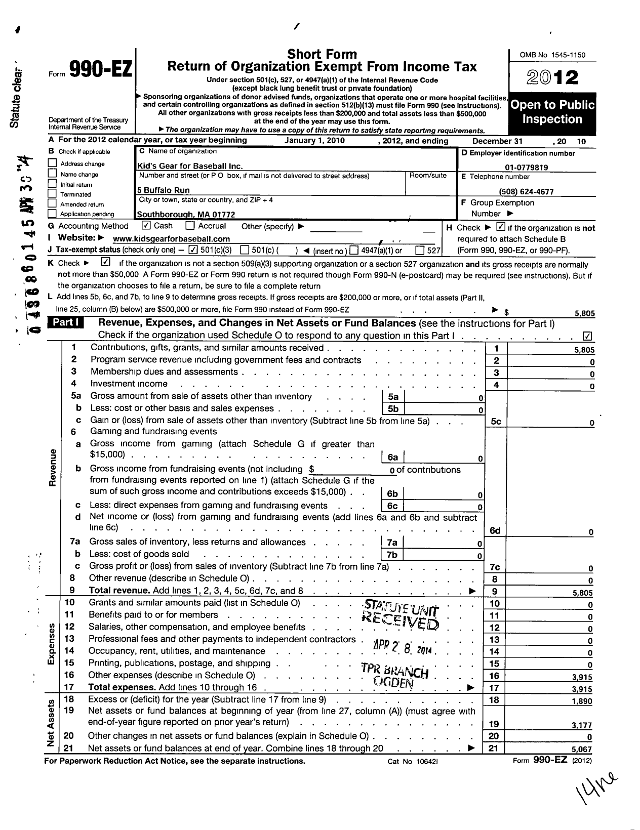 Image of first page of 2010 Form 990EZ for Kids Gear for Baseball