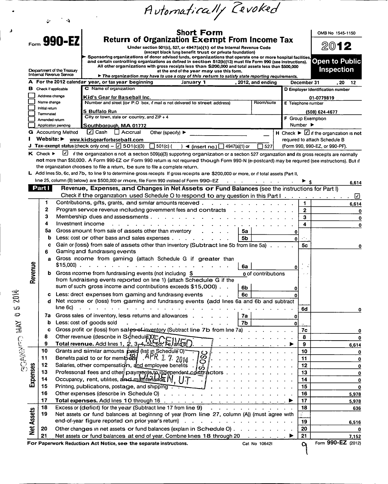 Image of first page of 2012 Form 990EZ for Kids Gear for Baseball