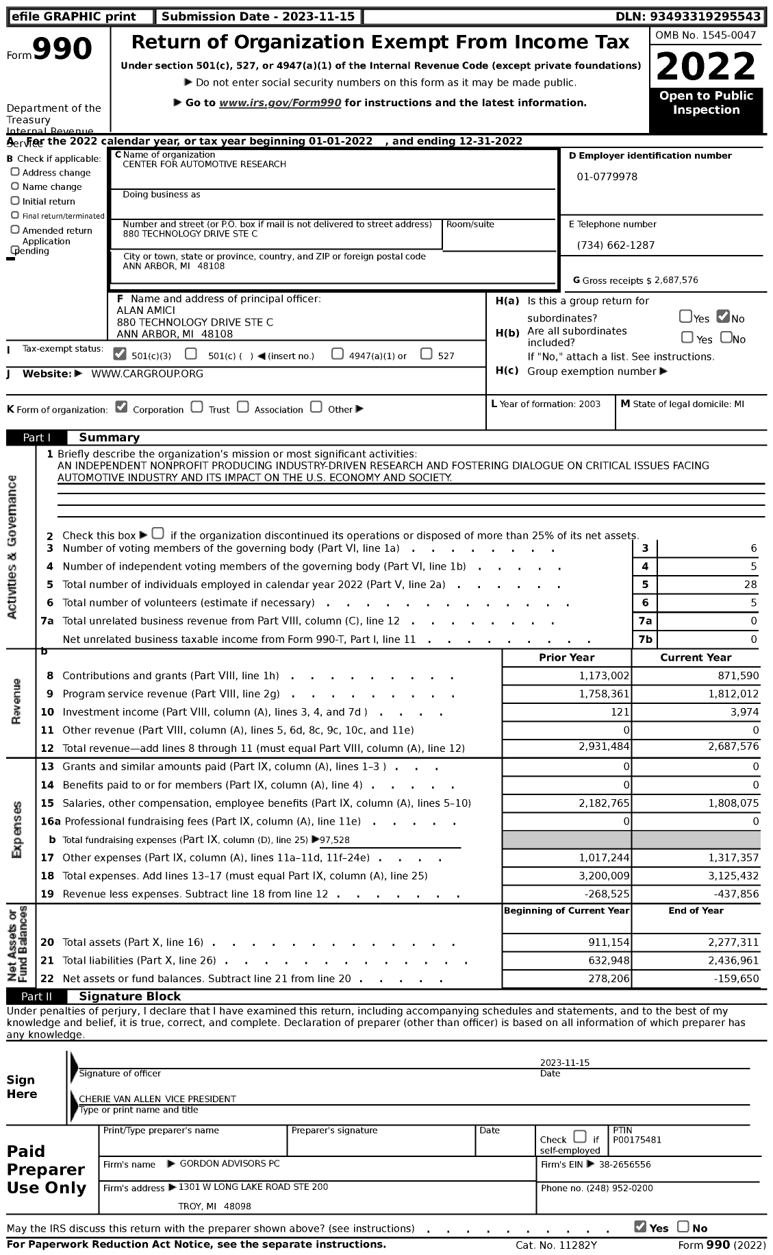 Image of first page of 2022 Form 990 for Center for Automotive Research (CAR)