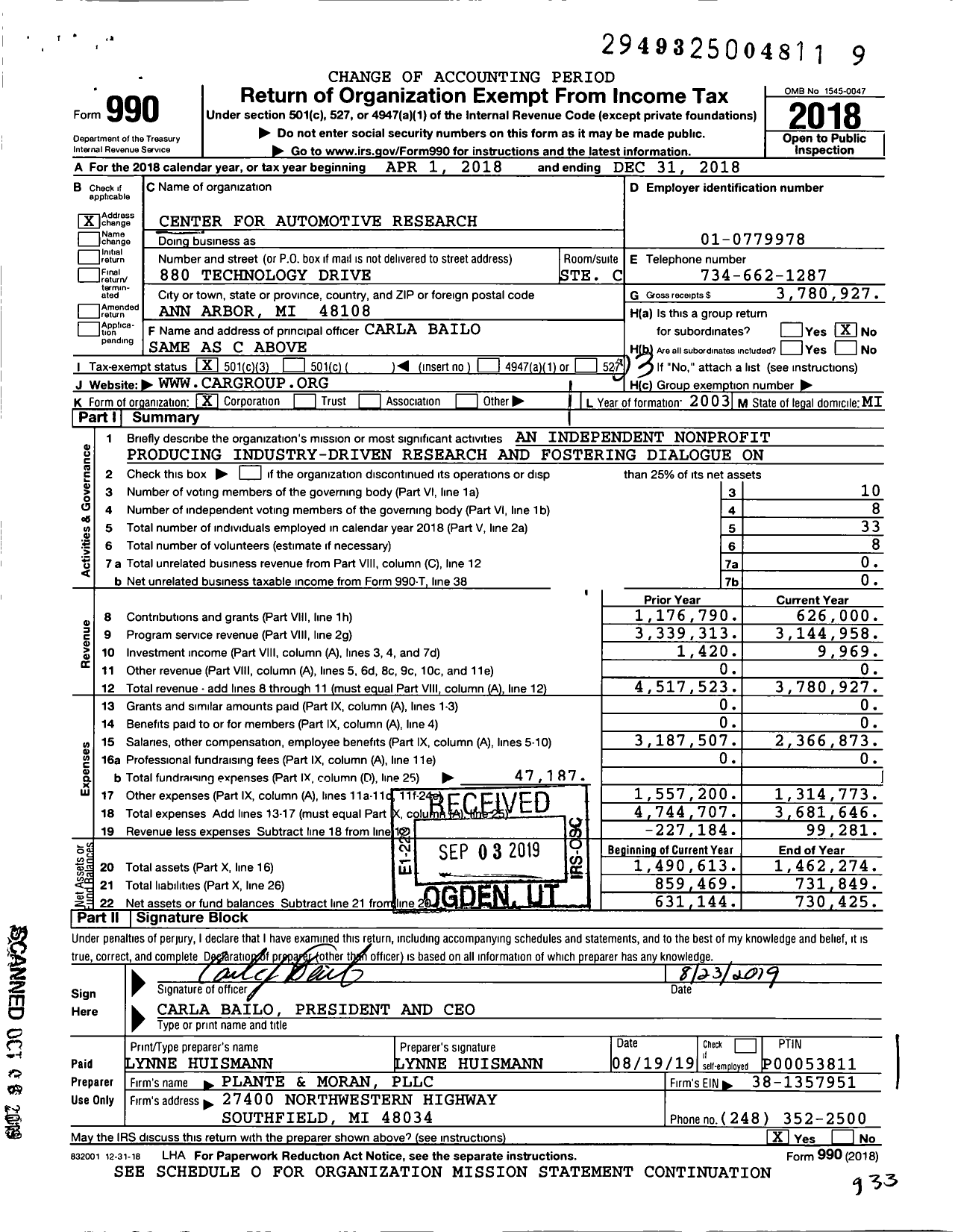 Image of first page of 2018 Form 990 for Center for Automotive Research (CAR)