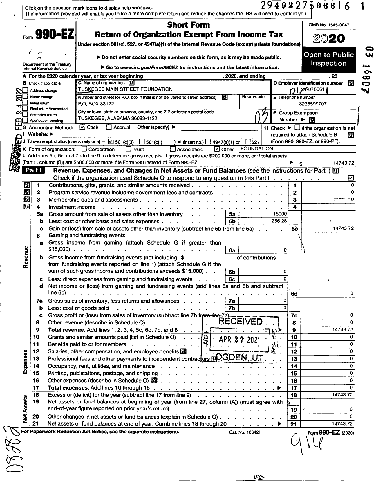 Image of first page of 2020 Form 990EZ for Tuskegee Main St Development Foundation