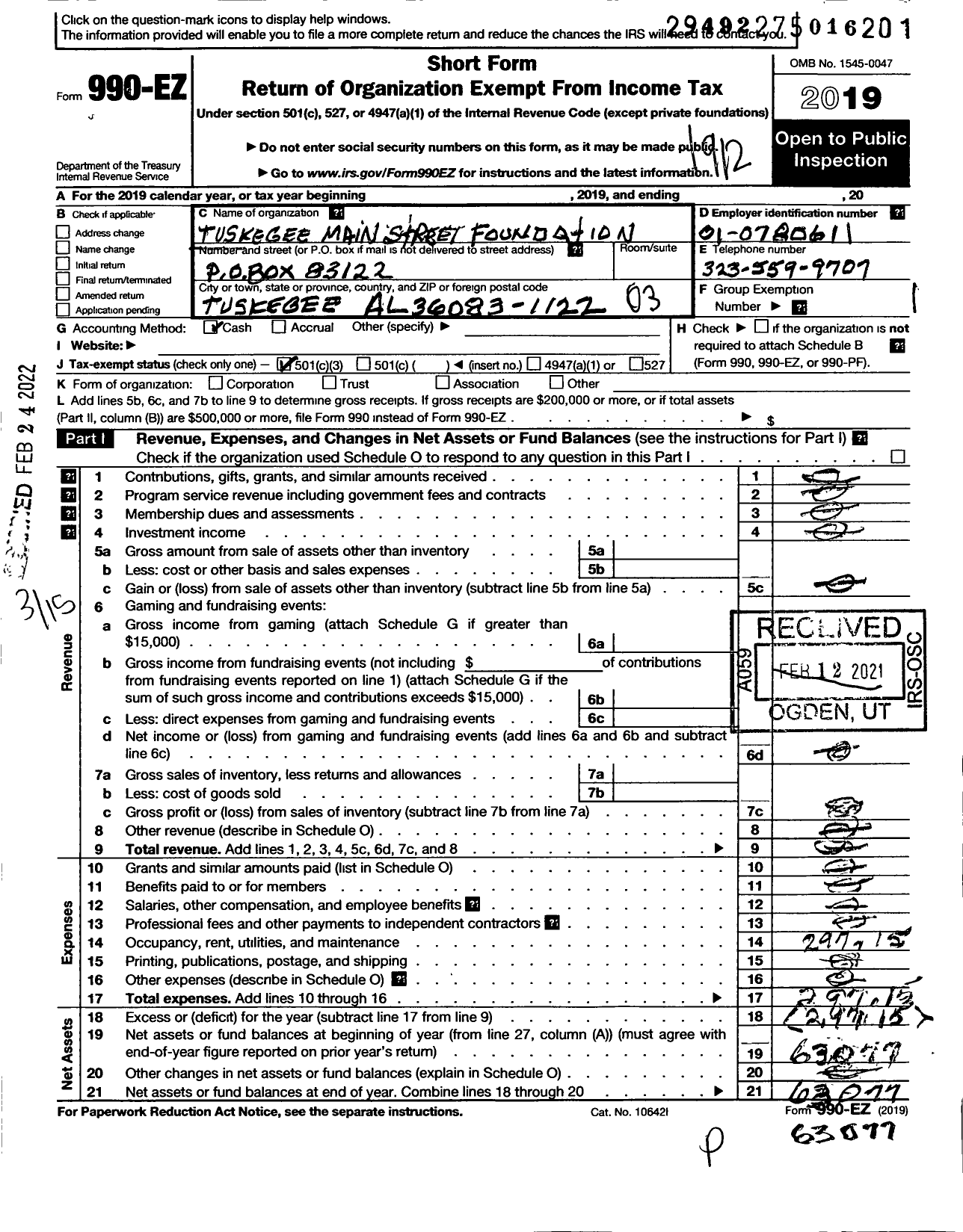 Image of first page of 2019 Form 990EZ for Tuskegee Main St Development Foundation