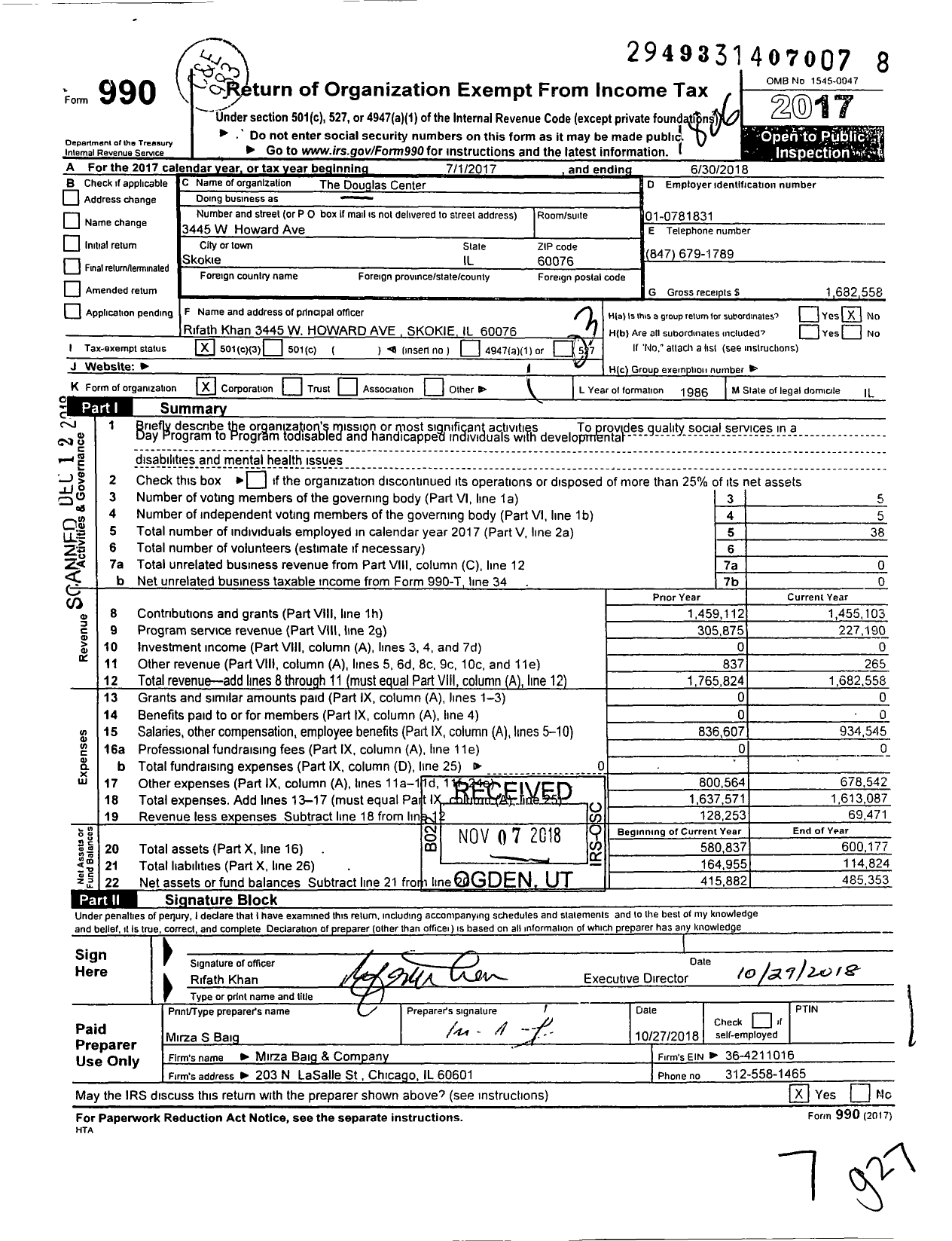 Image of first page of 2017 Form 990 for The Douglas Center