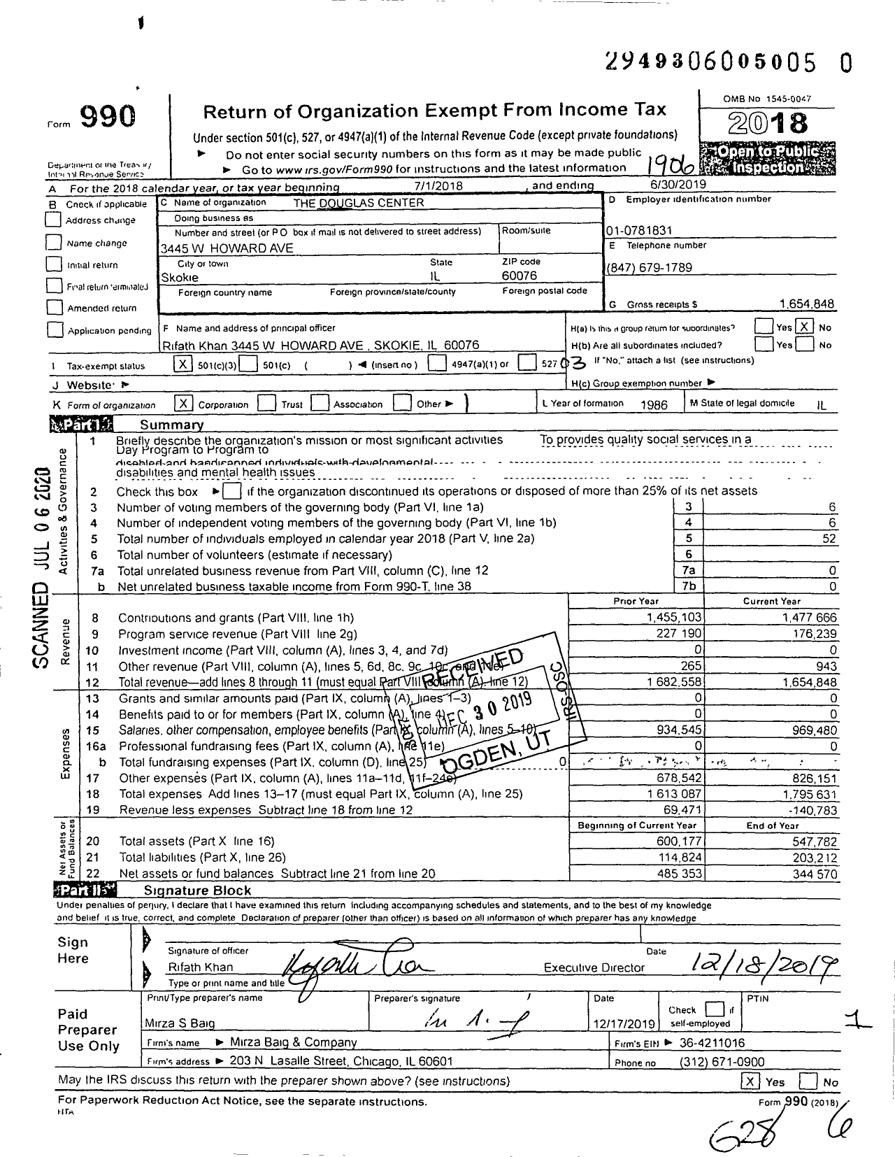 Image of first page of 2018 Form 990 for The Douglas Center