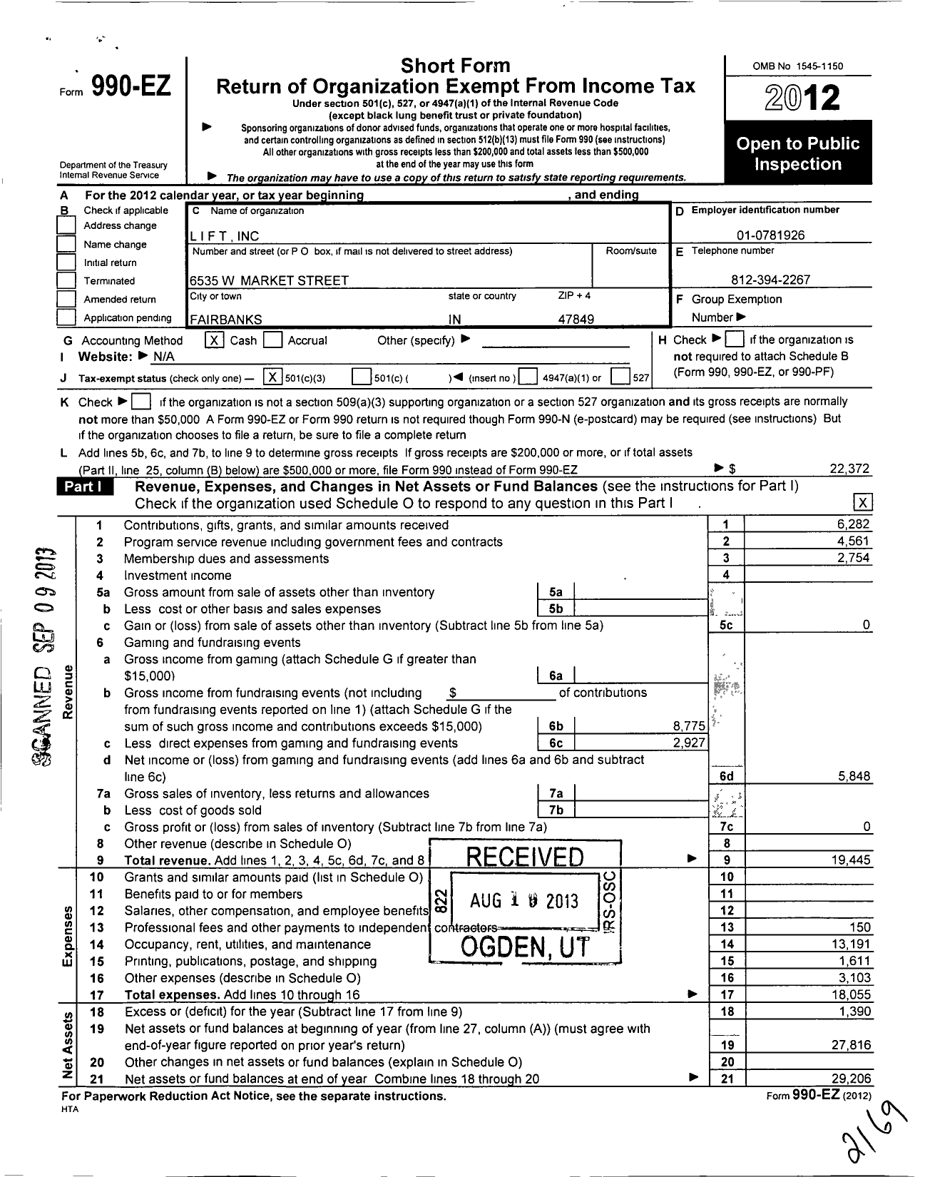 Image of first page of 2012 Form 990EZ for Life in Fairbanks Township Incorporated