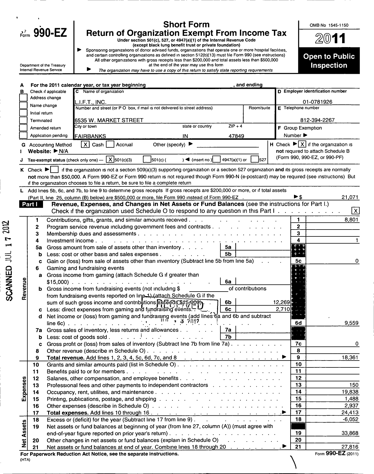 Image of first page of 2011 Form 990EZ for Life in Fairbanks Township Incorporated