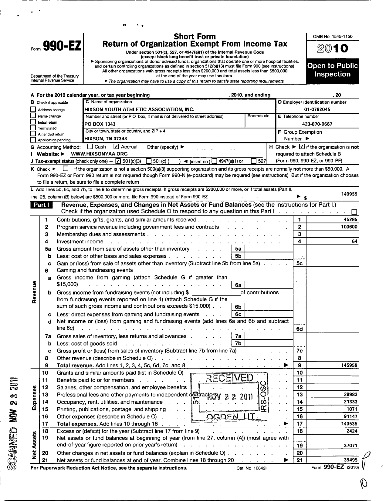 Image of first page of 2010 Form 990EZ for Hixson Youth Athletic Association (HYAA)