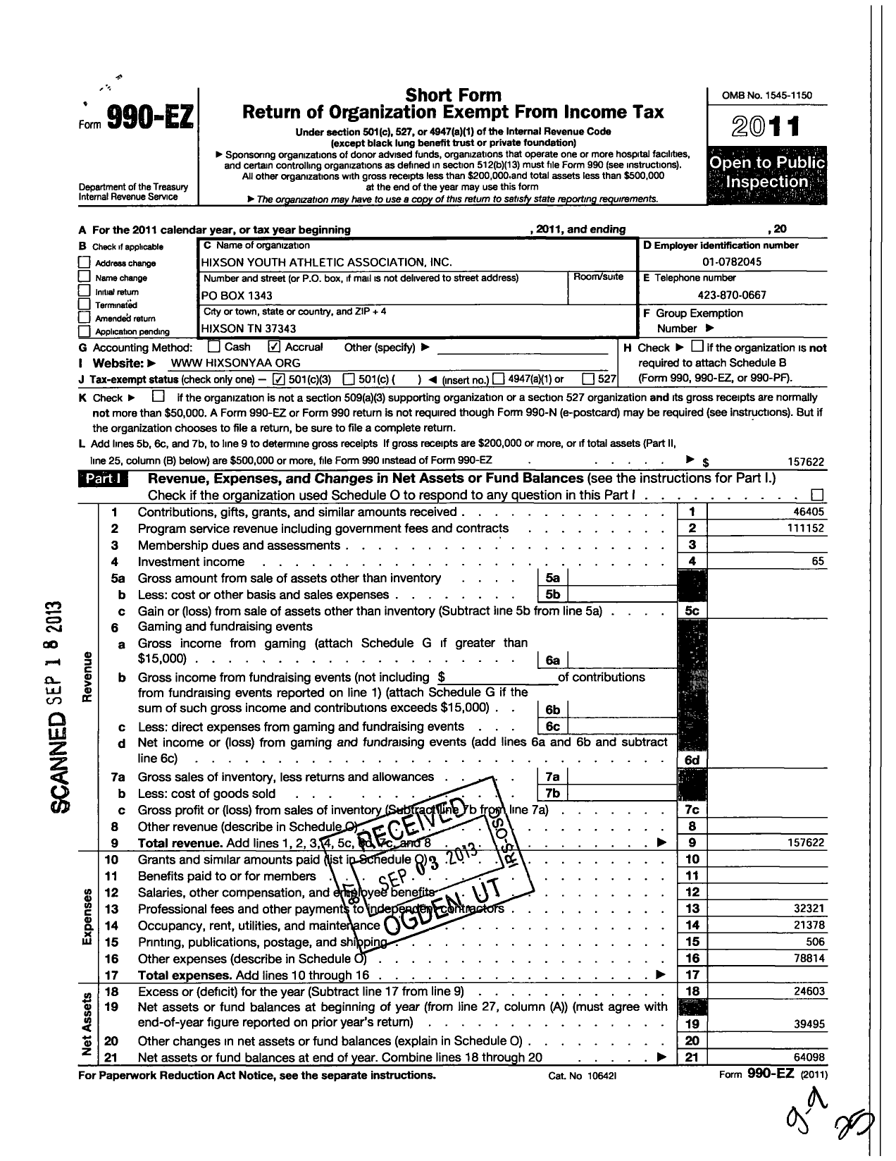 Image of first page of 2011 Form 990EZ for Hixson Youth Athletic Association (HYAA)