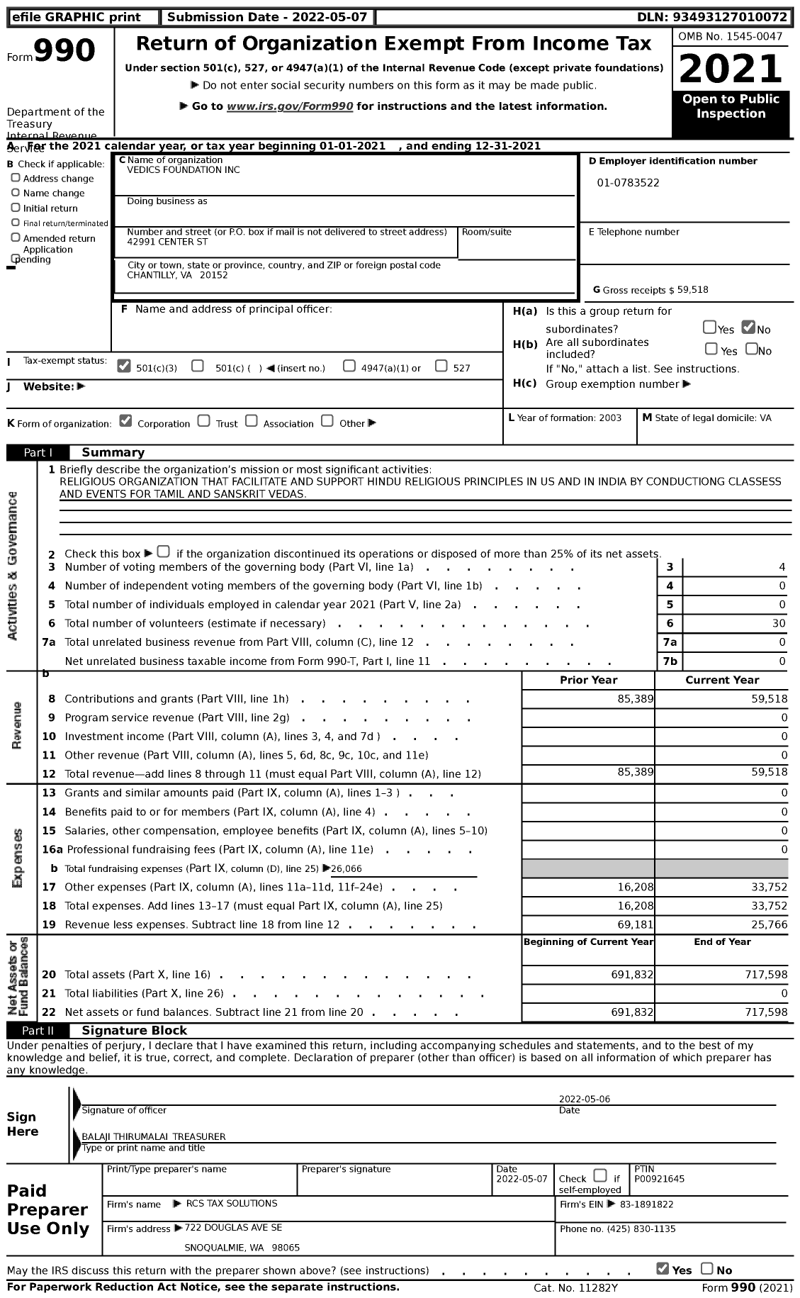 Image of first page of 2021 Form 990 for Vedics Foundation