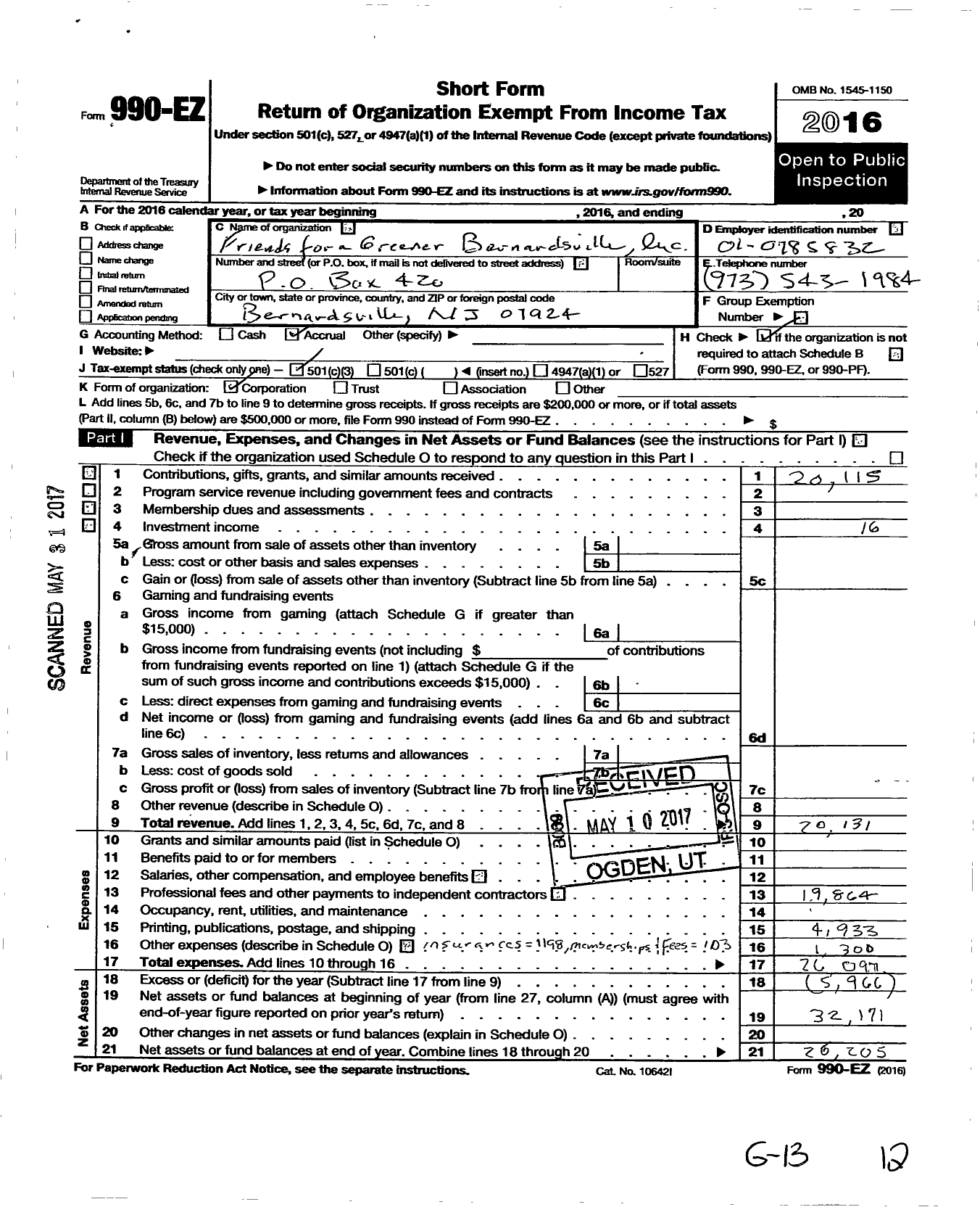 Image of first page of 2016 Form 990EZ for Friends for A Greener Bernardsville