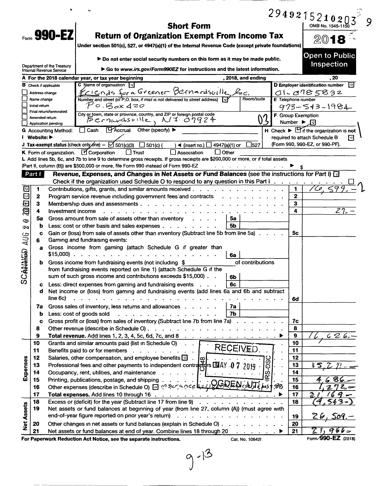 Image of first page of 2018 Form 990EZ for Friends for A Greener Bernardsville