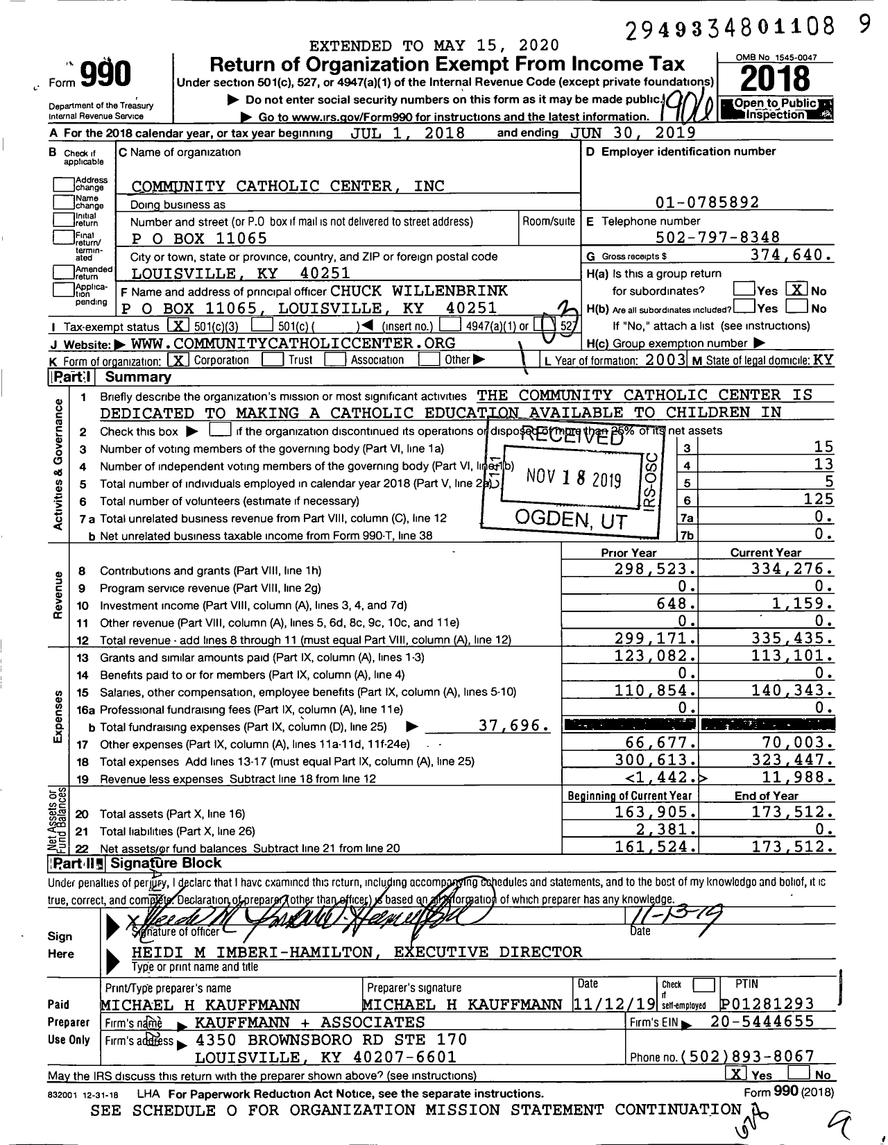 Image of first page of 2018 Form 990 for Community Catholic Center