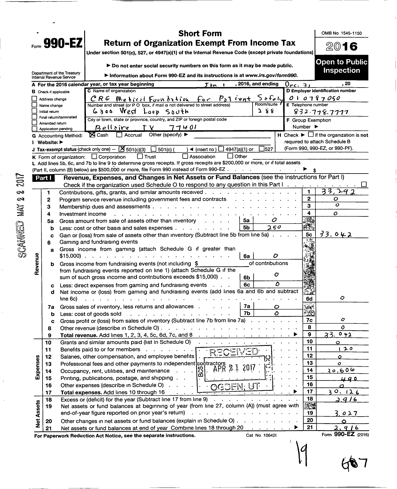 Image of first page of 2016 Form 990EZ for CRG Medical Foundation for Patient Safety