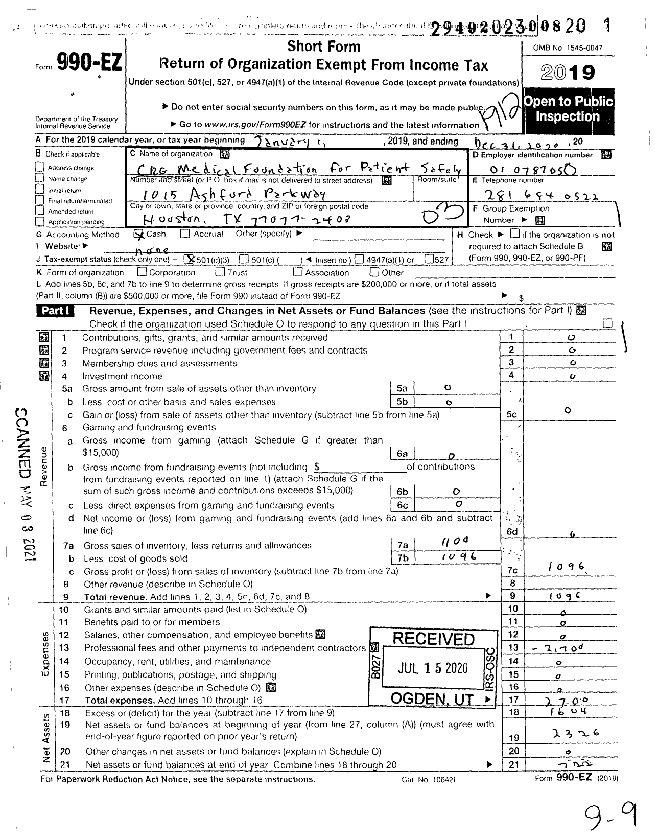 Image of first page of 2019 Form 990EZ for CRG Medical Foundation for Patient Safety