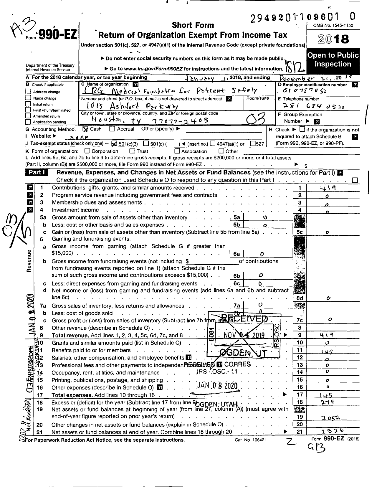 Image of first page of 2018 Form 990EZ for CRG Medical Foundation for Patient Safety