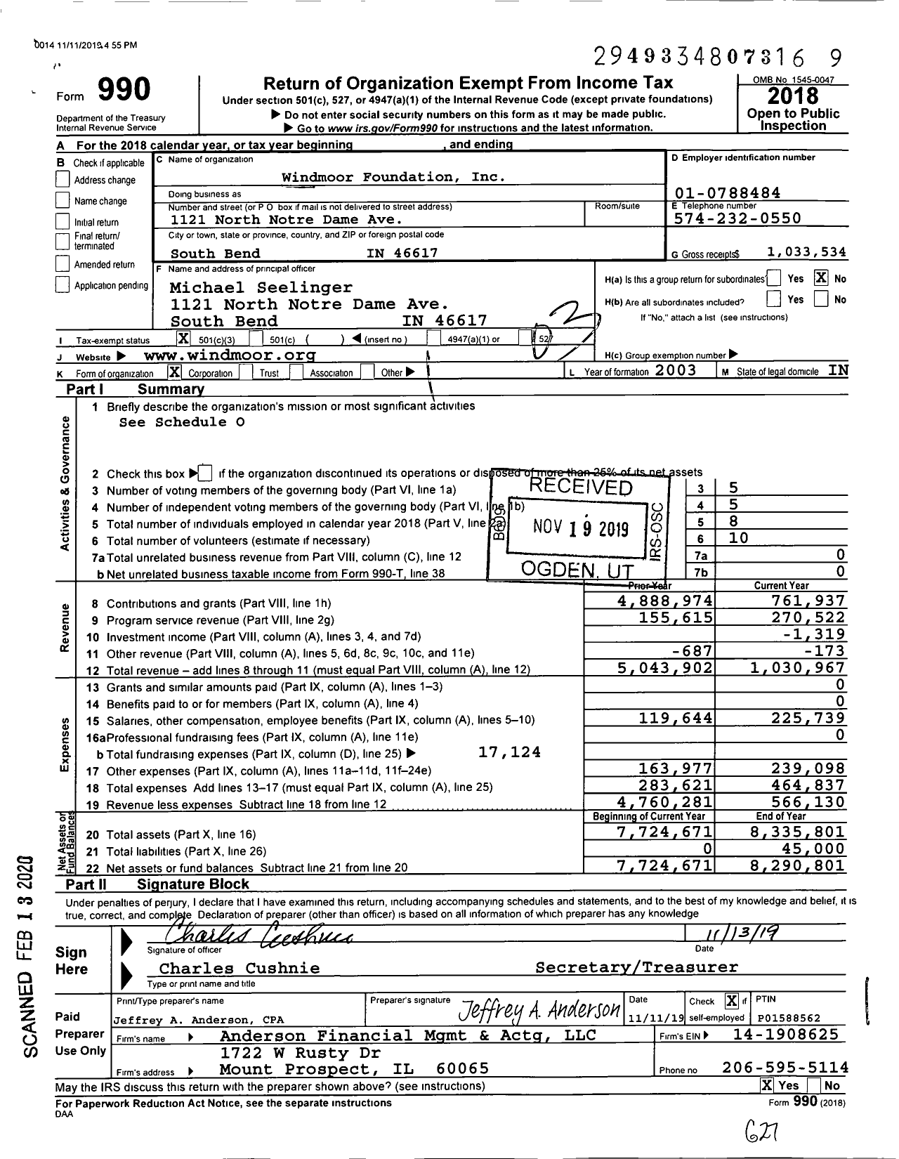 Image of first page of 2018 Form 990 for Windmoor Foundation