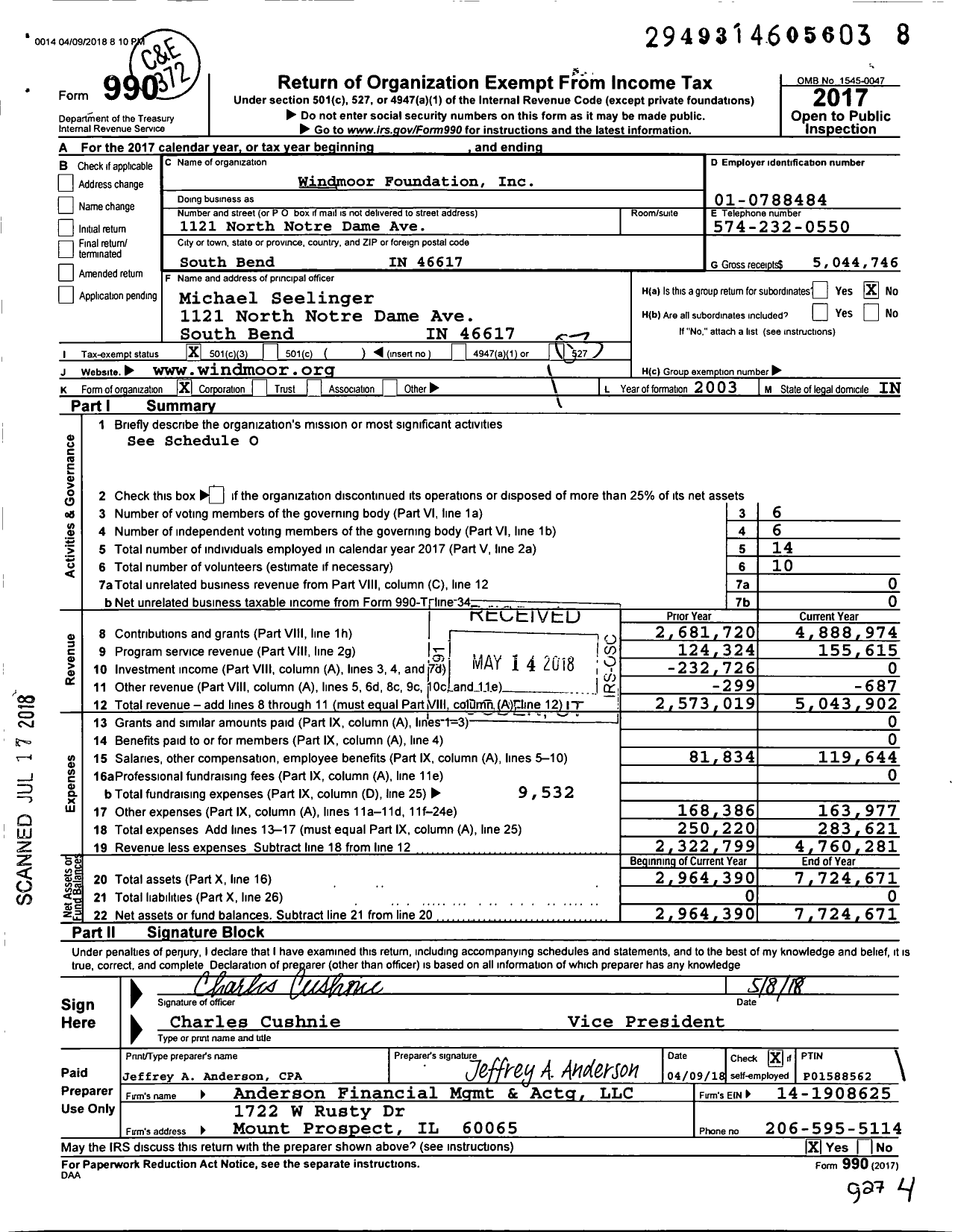 Image of first page of 2017 Form 990 for Windmoor Foundation