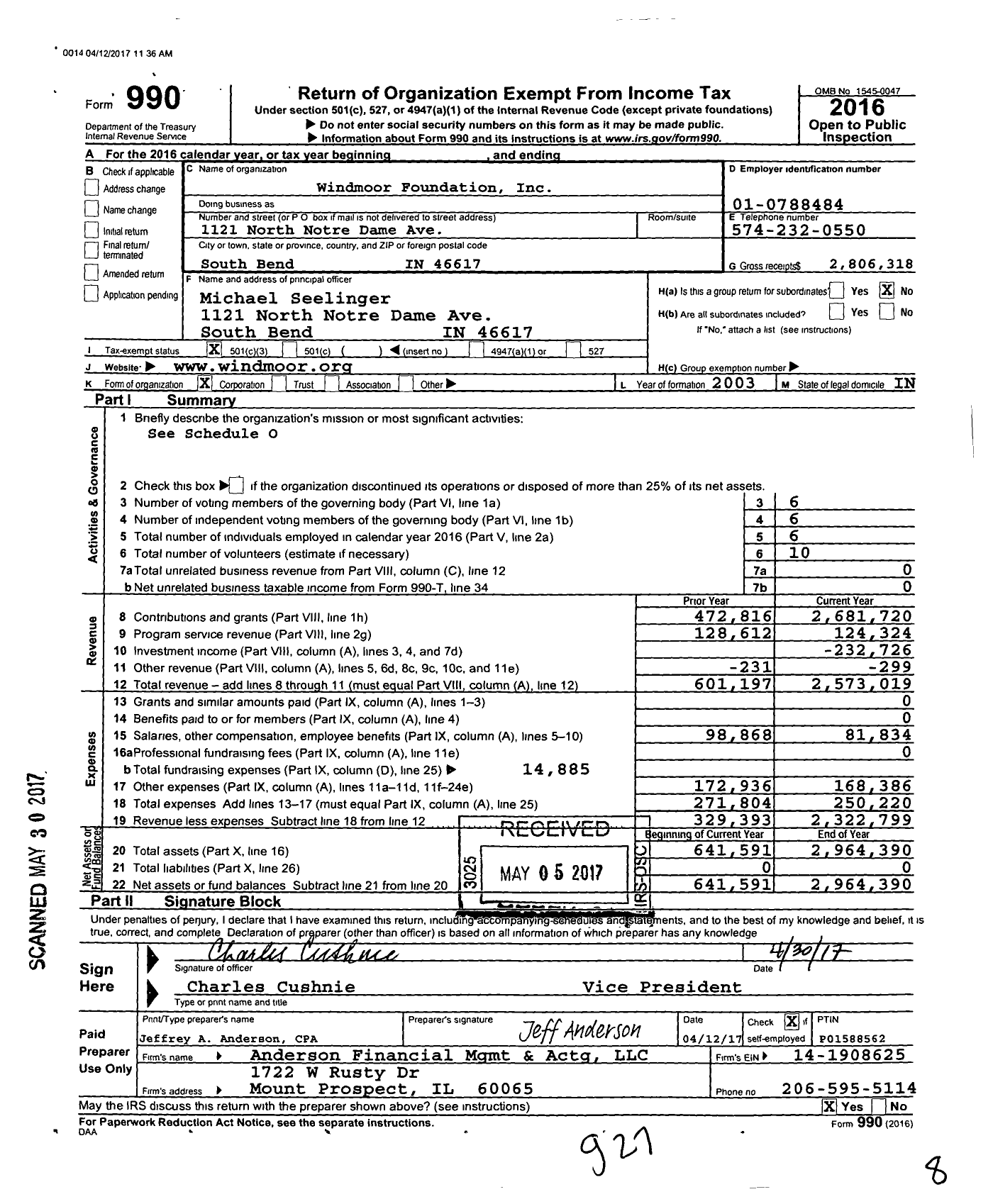 Image of first page of 2016 Form 990 for Windmoor Foundation