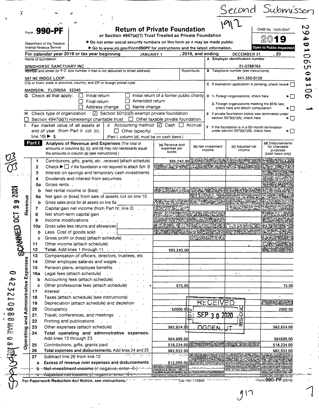 Image of first page of 2019 Form 990PF for Windhorse Sanctuary