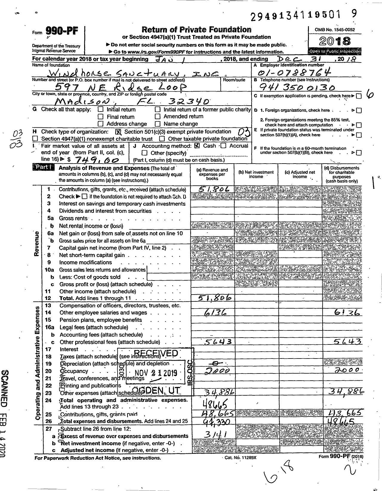 Image of first page of 2018 Form 990PF for Windhorse Sanctuary