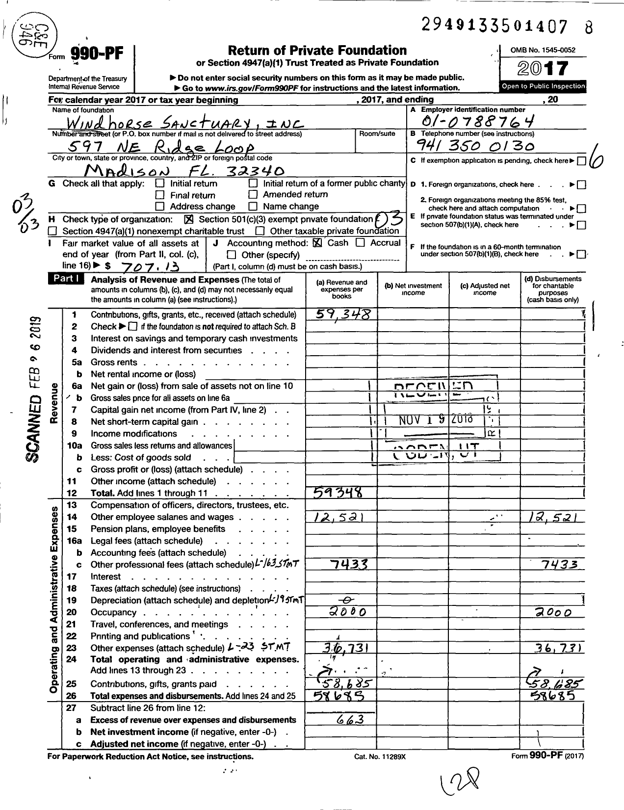 Image of first page of 2017 Form 990PF for Windhorse Sanctuary