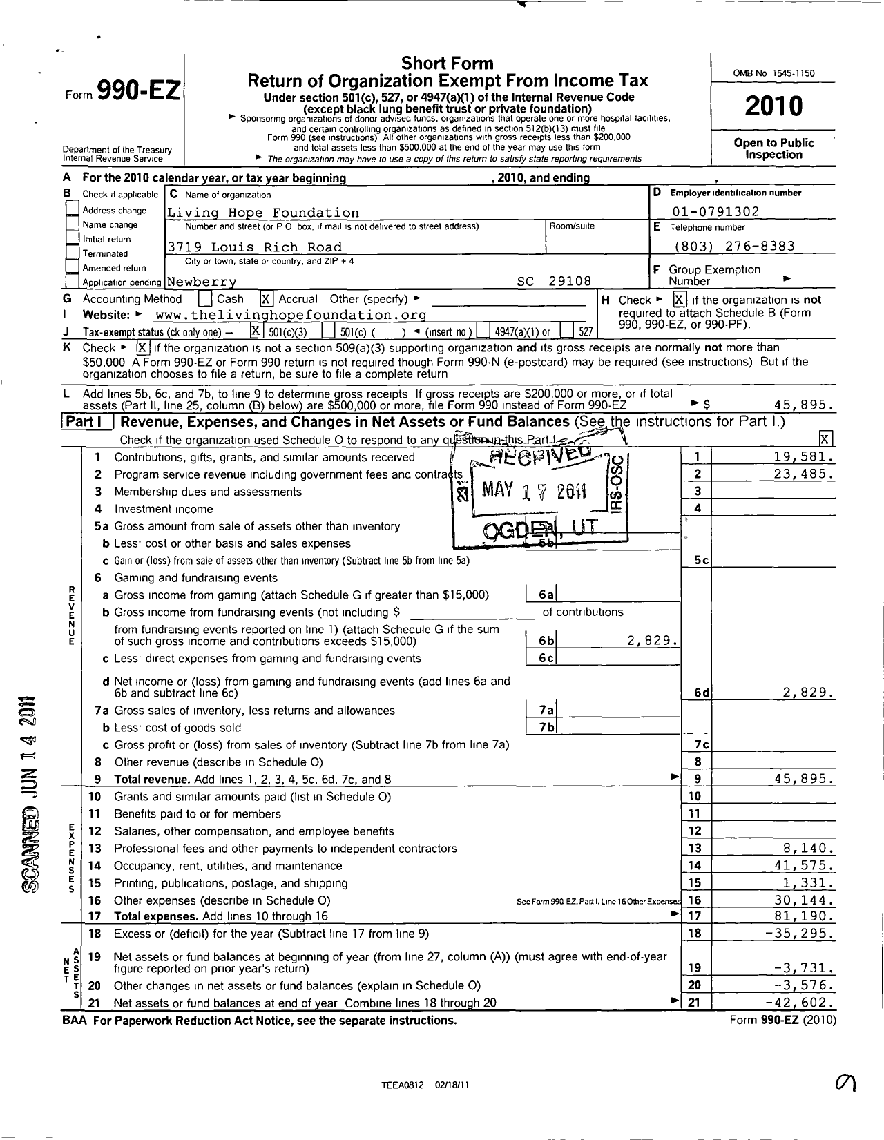 Image of first page of 2010 Form 990EZ for Living Hope Foundation