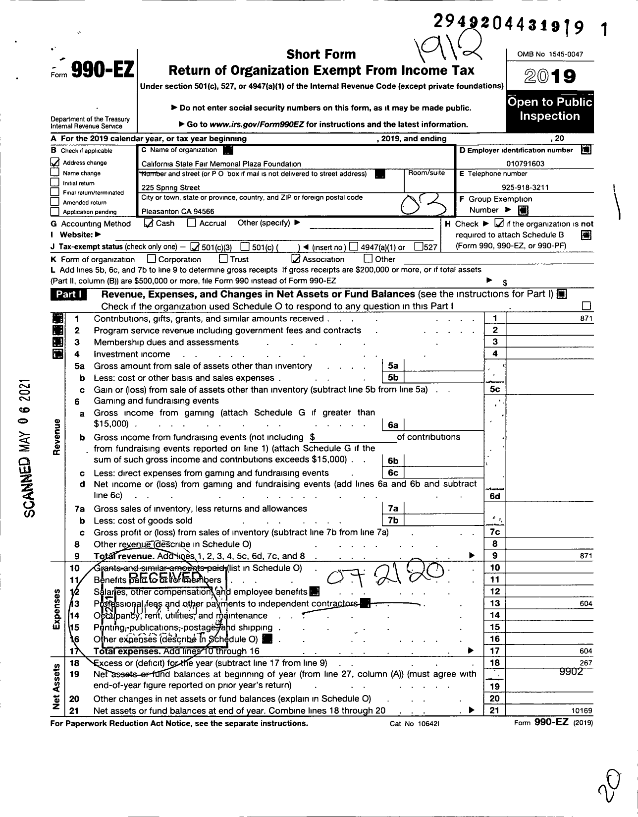 Image of first page of 2019 Form 990EZ for California State Fair Memorial Plaza Foundation