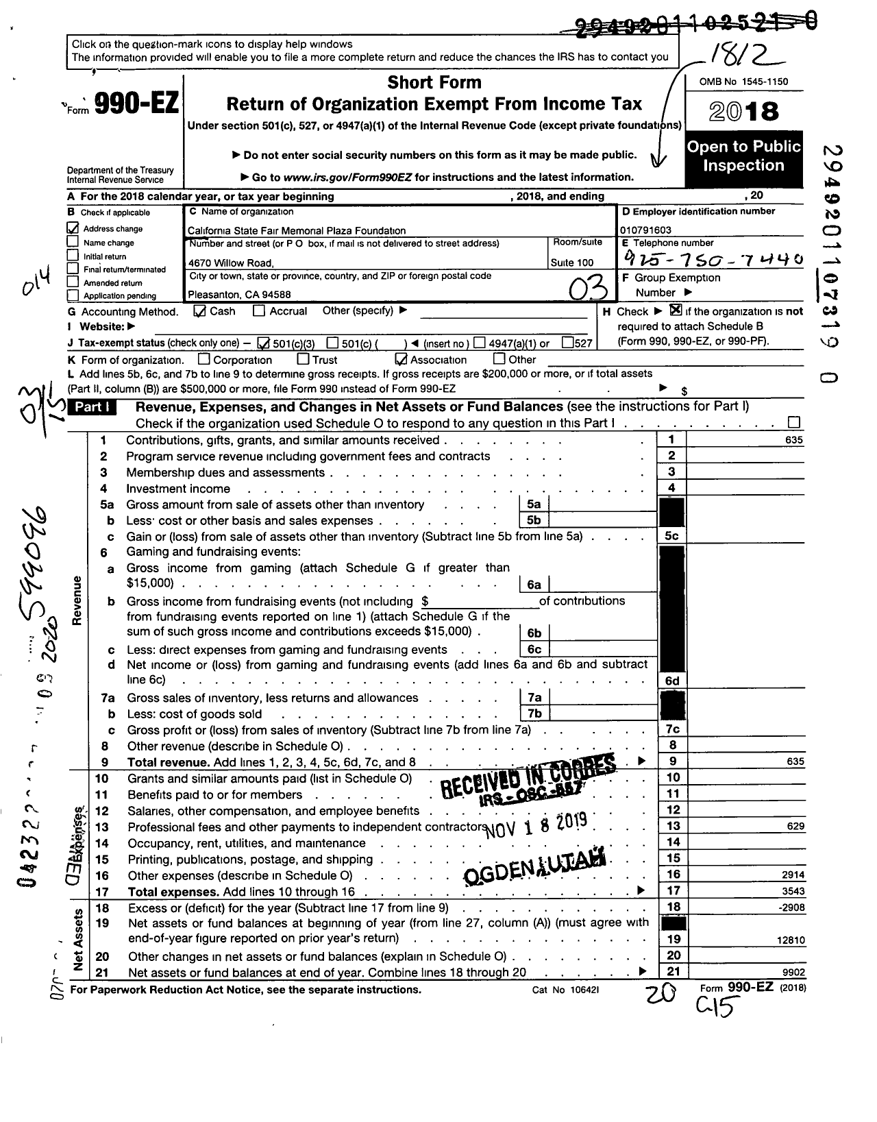 Image of first page of 2018 Form 990EZ for California State Fair Memorial Plaza Foundation