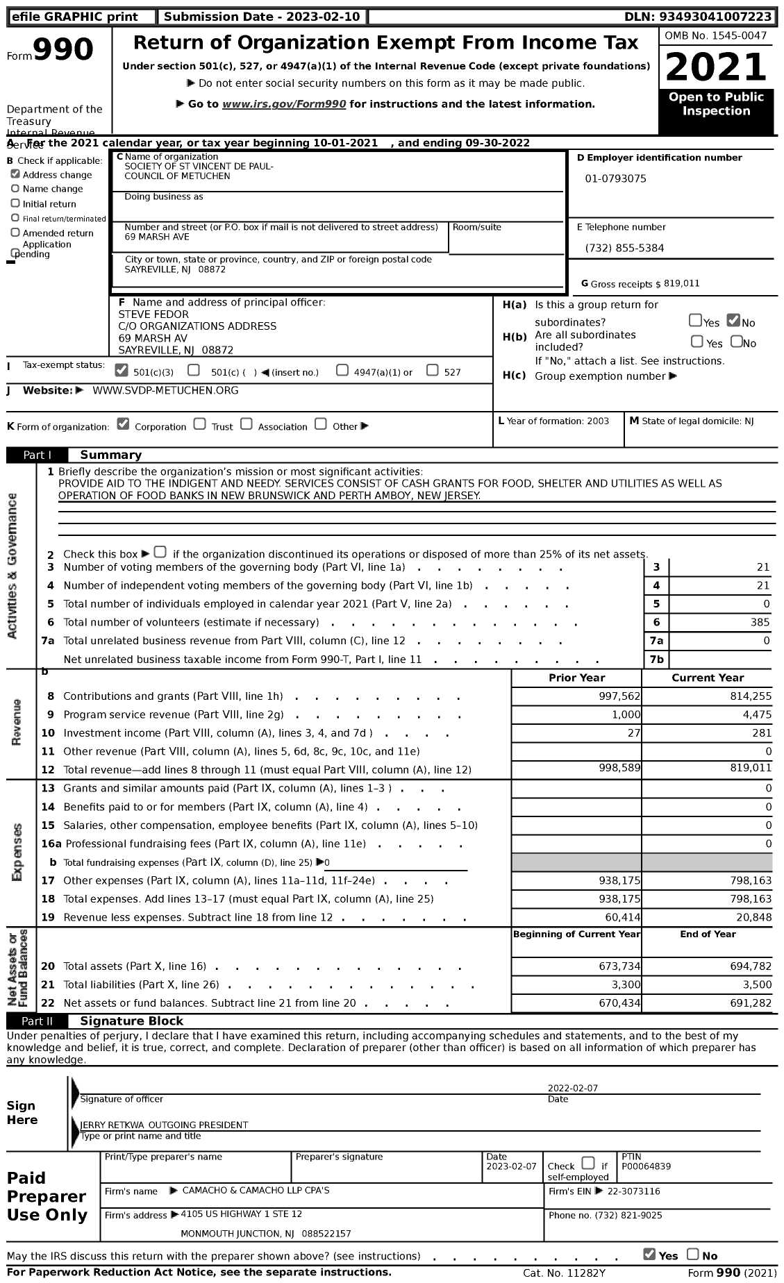 Image of first page of 2021 Form 990 for Society of St Vincent de Paul- Council of Metuchen